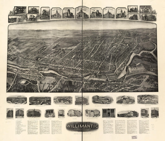 Aero view of Willimantic, Connecticut 1909. (1909) – Historic Bird’s-Eye View Panorama Print
