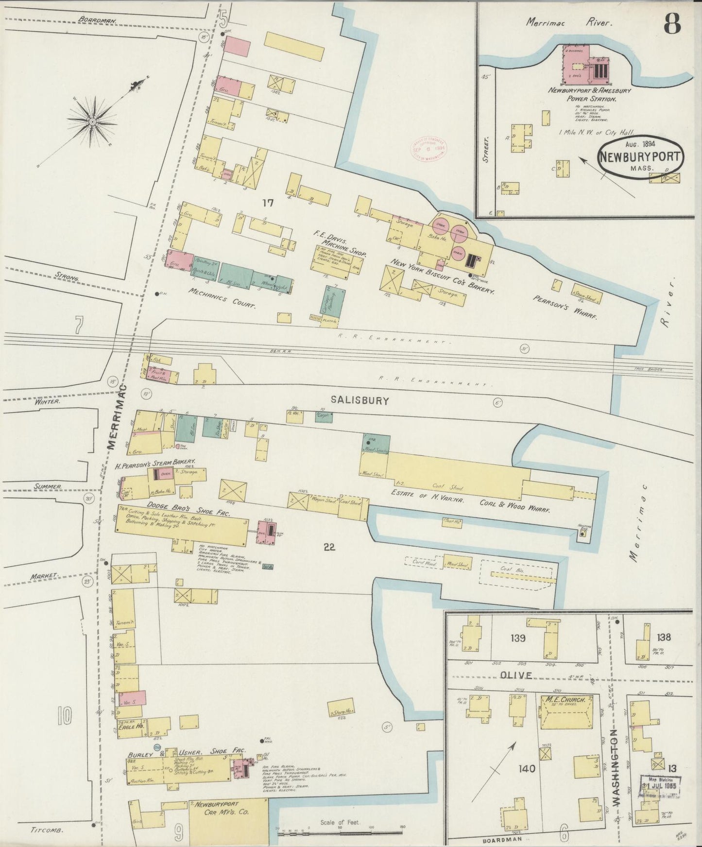 Sanborn Fire Insurance Map from Newburyport, Essex County, Massachusetts (1894), Sheet #0008 - Historic Sanborn Fire Insurance Map Print, vintage old map wall art, antique decor, genealogy gift, Massachusetts Massachusetts map