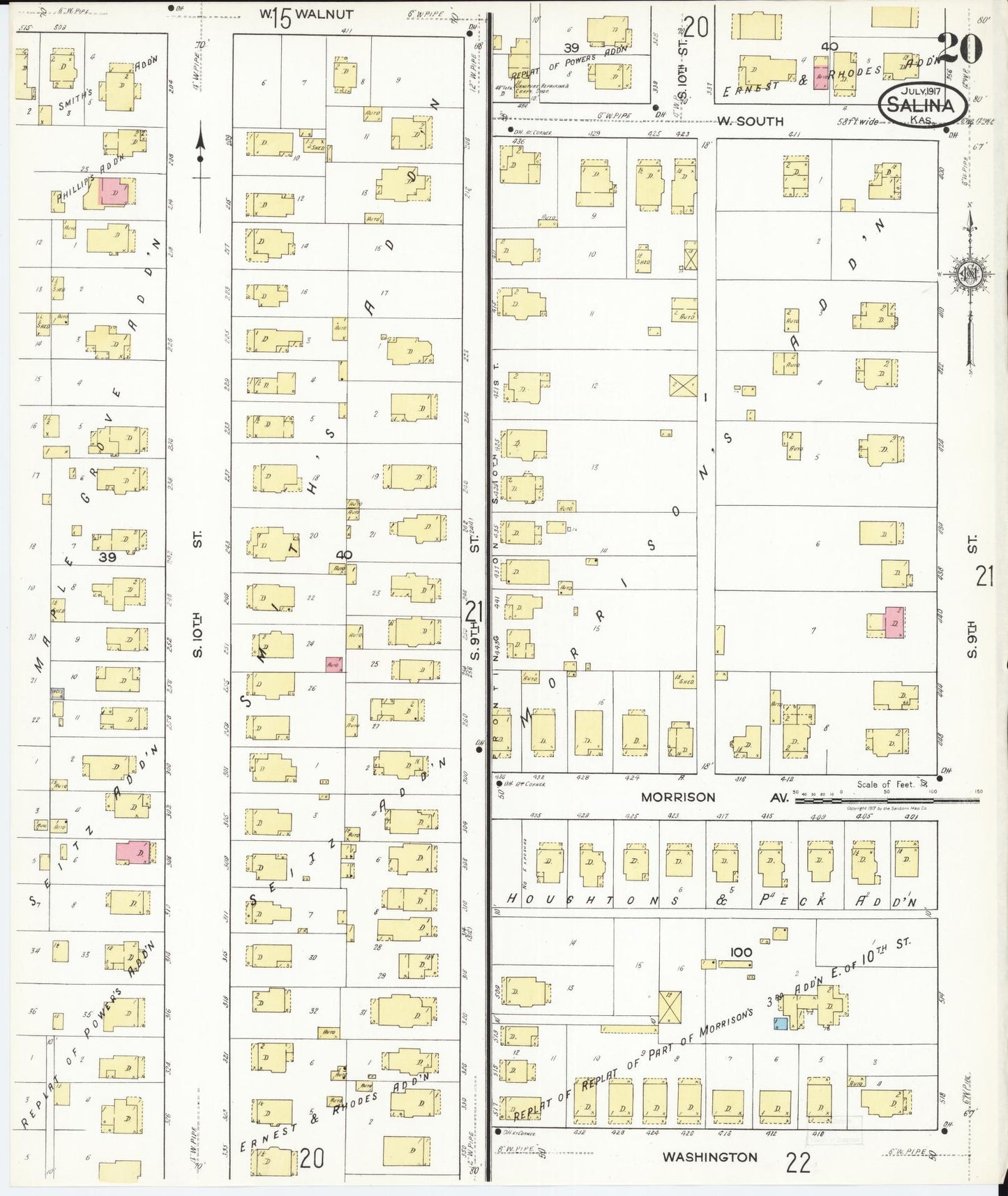 Sanborn Fire Insurance Map from Salina, Saline County, Kansas (1917), Sheet #0020 - Historic Sanborn Fire Insurance Map Print, vintage old map wall art, antique decor, genealogy gift, Kansas Kansas map
