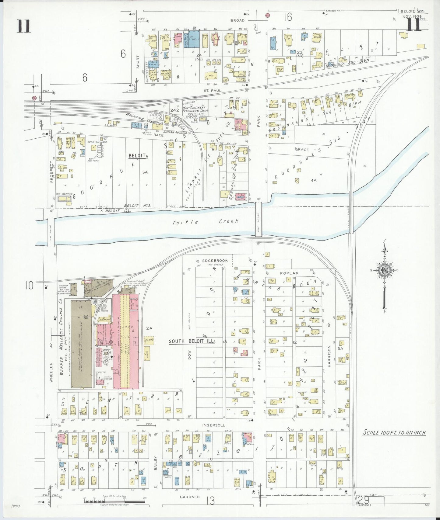 Sanborn Fire Insurance Map from Beloit, Rock County, Wisconsin (1939), Sheet #0011 - Historic Sanborn Fire Insurance Map Print, vintage old map wall art, antique decor, genealogy gift, Wisconsin Wisconsin map