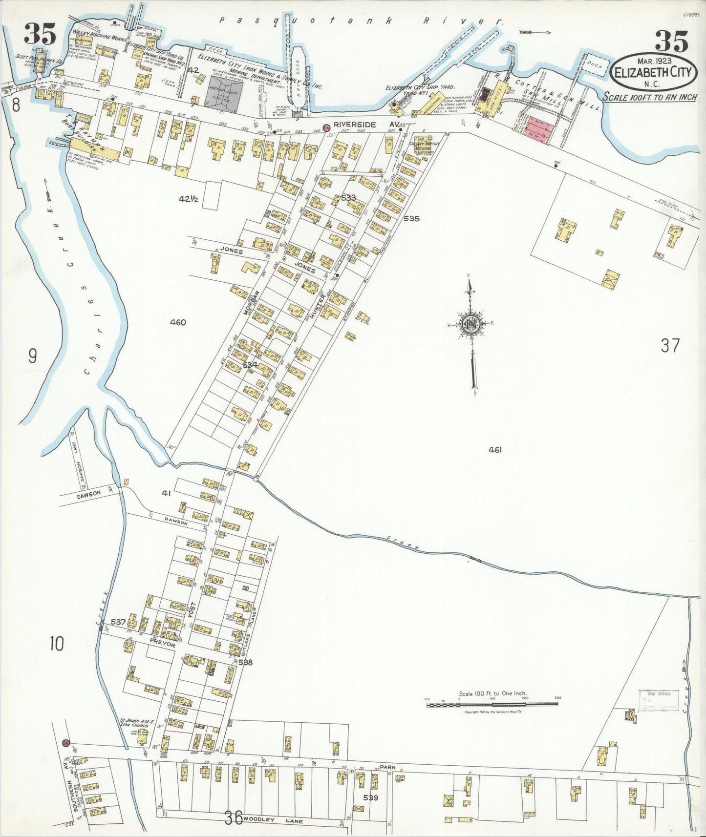 Sanborn Fire Insurance Map from Elizabeth City, Pasquotank County, North Carolina (1923), Sheet #0035 - Historic Sanborn Fire Insurance Map Print, vintage old map wall art, antique decor, genealogy gift, North Carolina North Carolina map