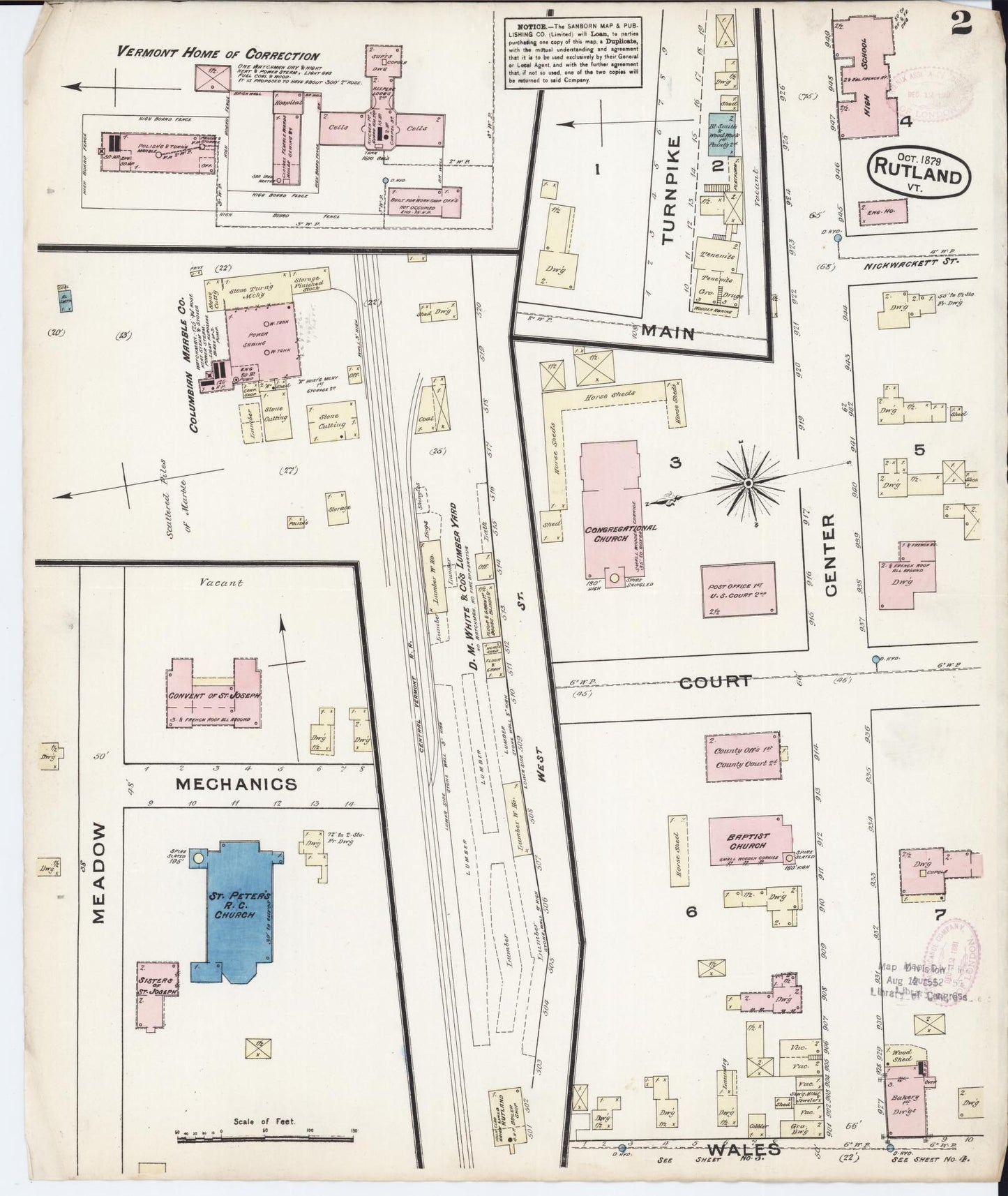 Sanborn Fire Insurance Map from Rutland, Rutland County, Vermont (1879), Sheet #0002 - Historic Sanborn Fire Insurance Map Print, vintage old map wall art, antique decor, genealogy gift, Vermont Vermont map