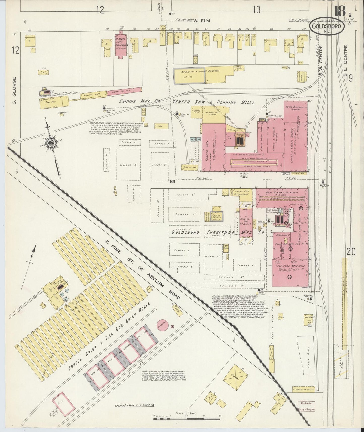 Sanborn Fire Insurance Map from Goldsboro, Wayne County, North Carolina (1913), Sheet #0018 - Historic Sanborn Fire Insurance Map Print, vintage old map wall art, antique decor, genealogy gift, North Carolina North Carolina map
