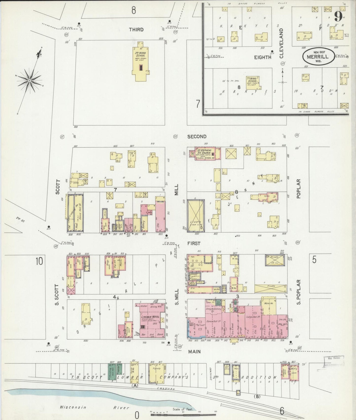 Sanborn Fire Insurance Map from Merrill, Lincoln County, Wisconsin (1907), Sheet #0009 - Historic Sanborn Fire Insurance Map Print, vintage old map wall art, antique decor, genealogy gift, Wisconsin Wisconsin map