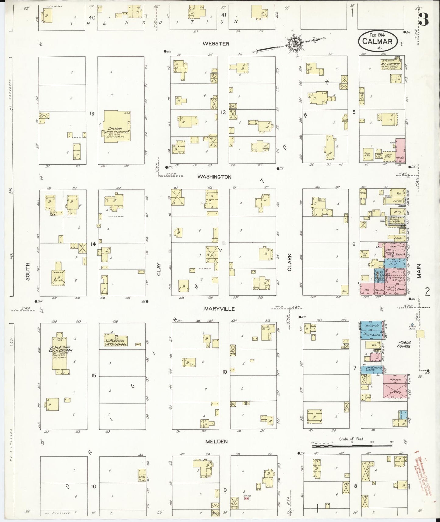 Sanborn Fire Insurance Map from Calmar, Winneshiek County, Iowa (1914), Sheet #0003 - Historic Sanborn Fire Insurance Map Print, vintage old map wall art