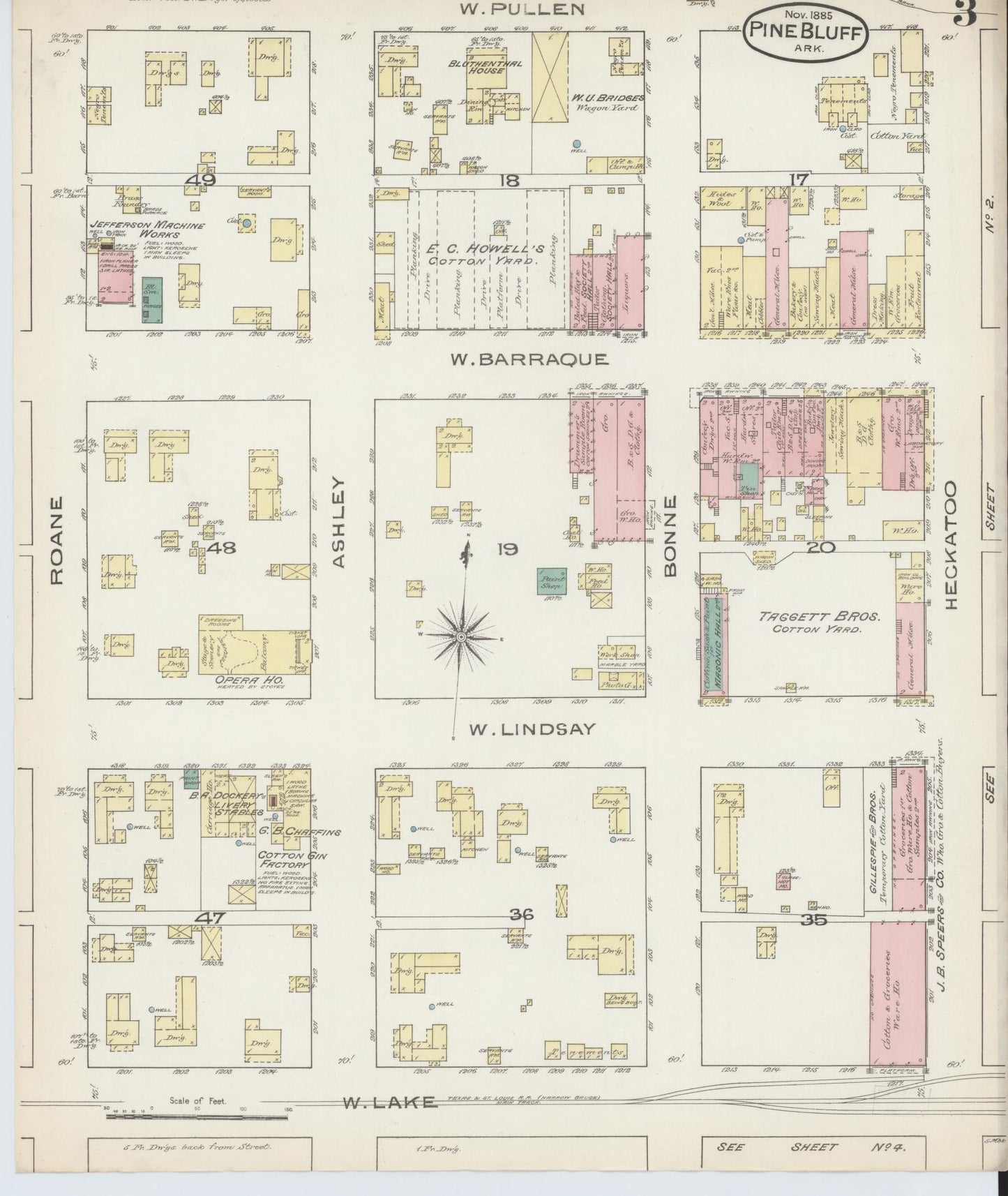Sanborn Fire Insurance Map from Pine Bluff, Jefferson County, Arkansas (1885), Sheet #0003 - Historic Sanborn Fire Insurance Map Print, vintage old map wall art, antique decor, genealogy gift, Arkansas Arkansas map