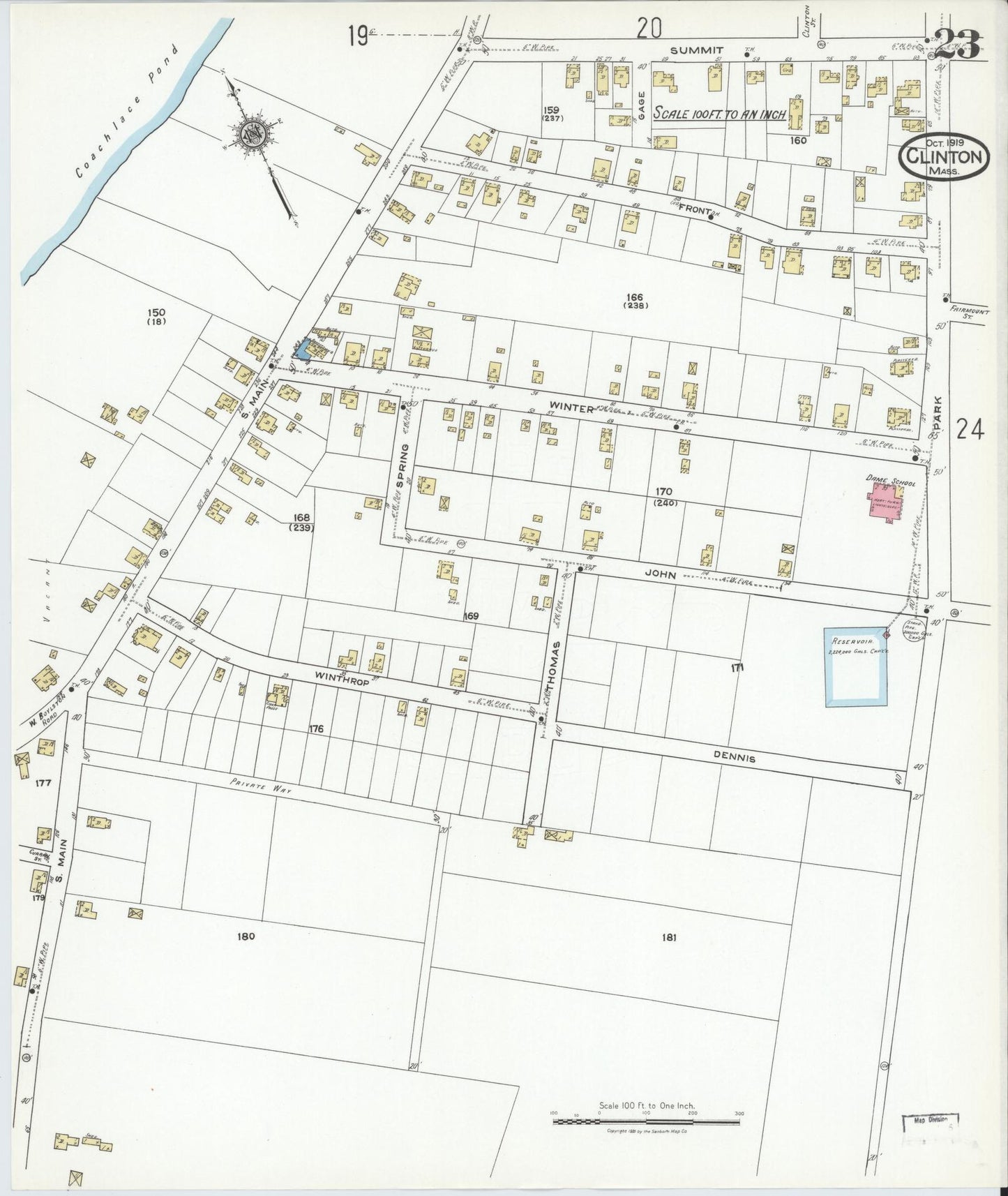 Sanborn Fire Insurance Map from Clinton, Worcester County, Massachusetts (1919), Sheet #0023 - Historic Sanborn Fire Insurance Map Print, vintage old map wall art, antique decor, genealogy gift, Massachusetts Massachusetts map