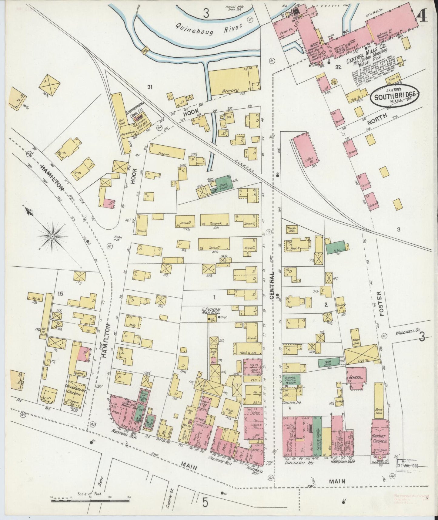 Sanborn Fire Insurance Map from Southbridge, Worcester County, Massachusetts (1899), Sheet #0004 - Historic Sanborn Fire Insurance Map Print, vintage old map wall art, antique decor, genealogy gift, Massachusetts Massachusetts map