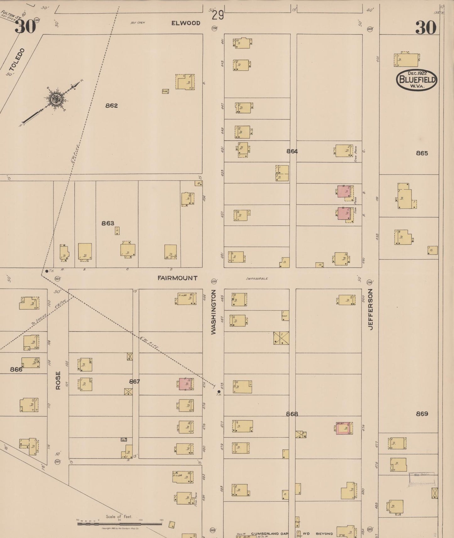 Sanborn Fire Insurance Map from Bluefield, Mercer County, West Virginia (1922), Sheet #0030 - Historic Sanborn Fire Insurance Map Print, vintage old map wall art, antique decor, genealogy gift, West Virginia West Virginia map