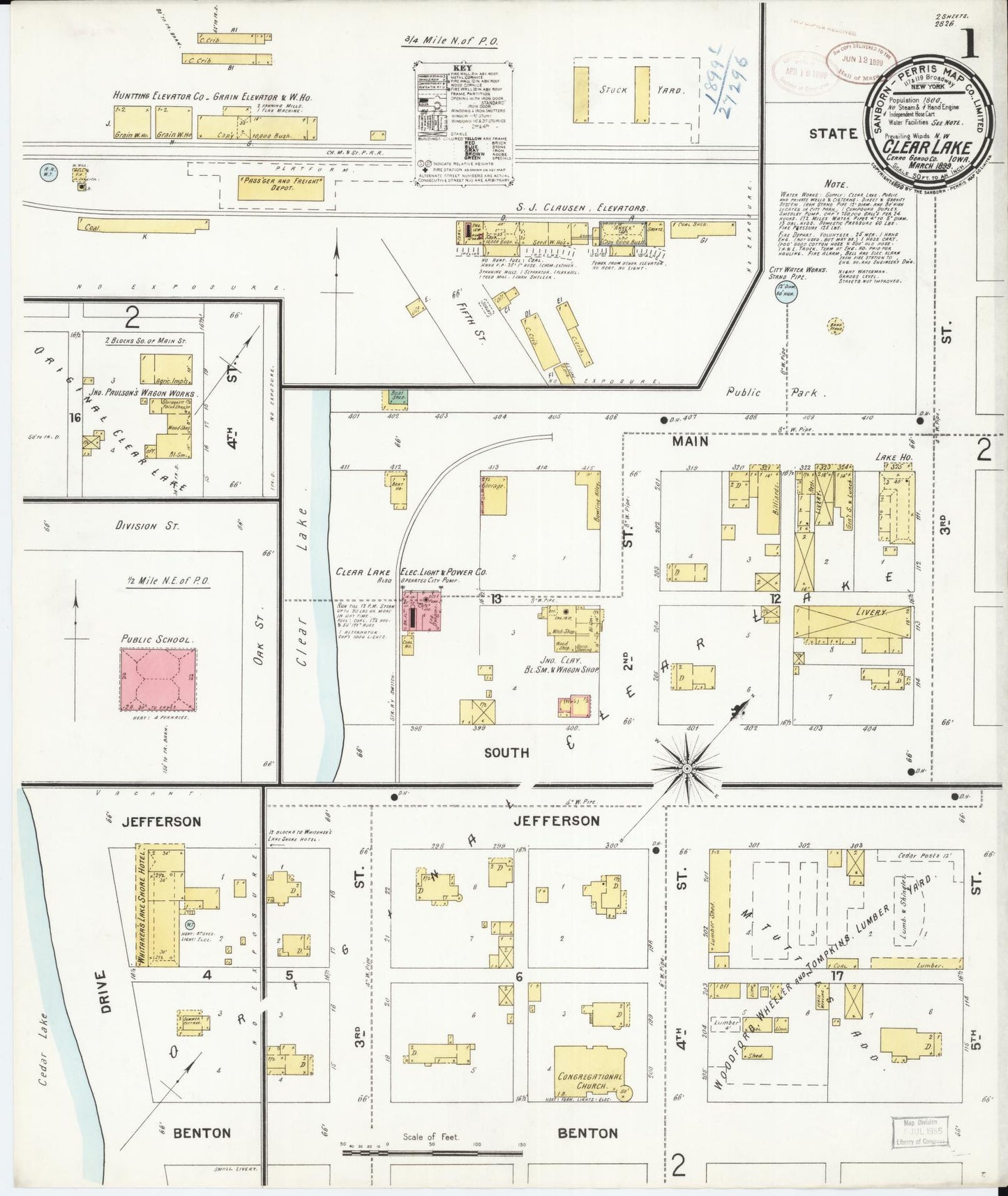 Sanborn Fire Insurance Map from Clear Lake, Cerro Gordo County, Iowa (1899), Sheet #0001 - Historic Sanborn Fire Insurance Map Print, vintage old map wall art