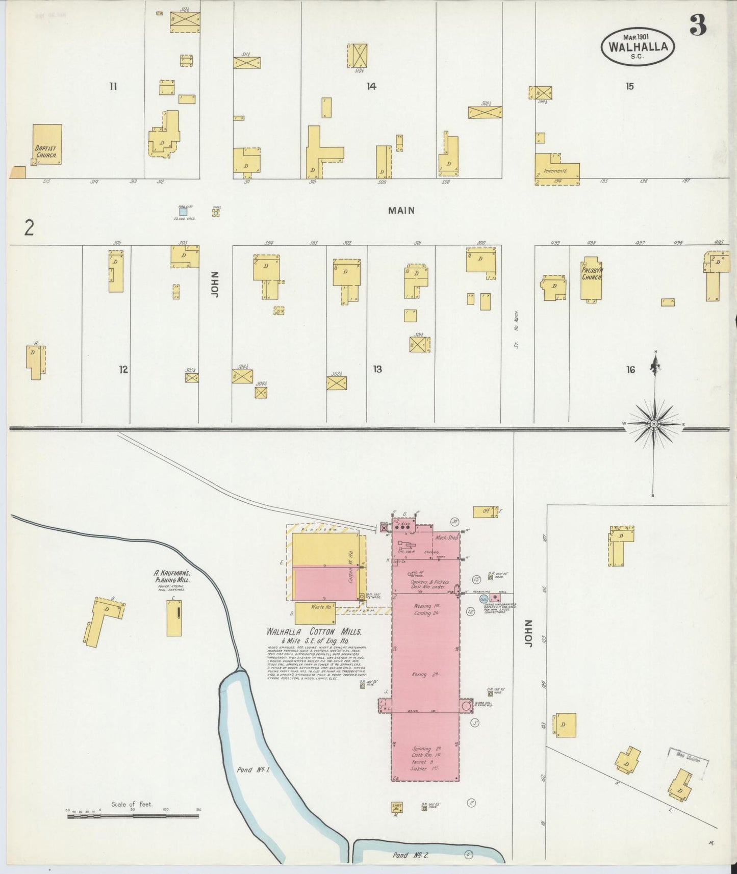 Sanborn Fire Insurance Map from Walhalla, Oconee County, South Carolina (1901), Sheet #0003 - Historic Sanborn Fire Insurance Map Print, vintage old map wall art, antique decor, genealogy gift, South Carolina South Carolina map