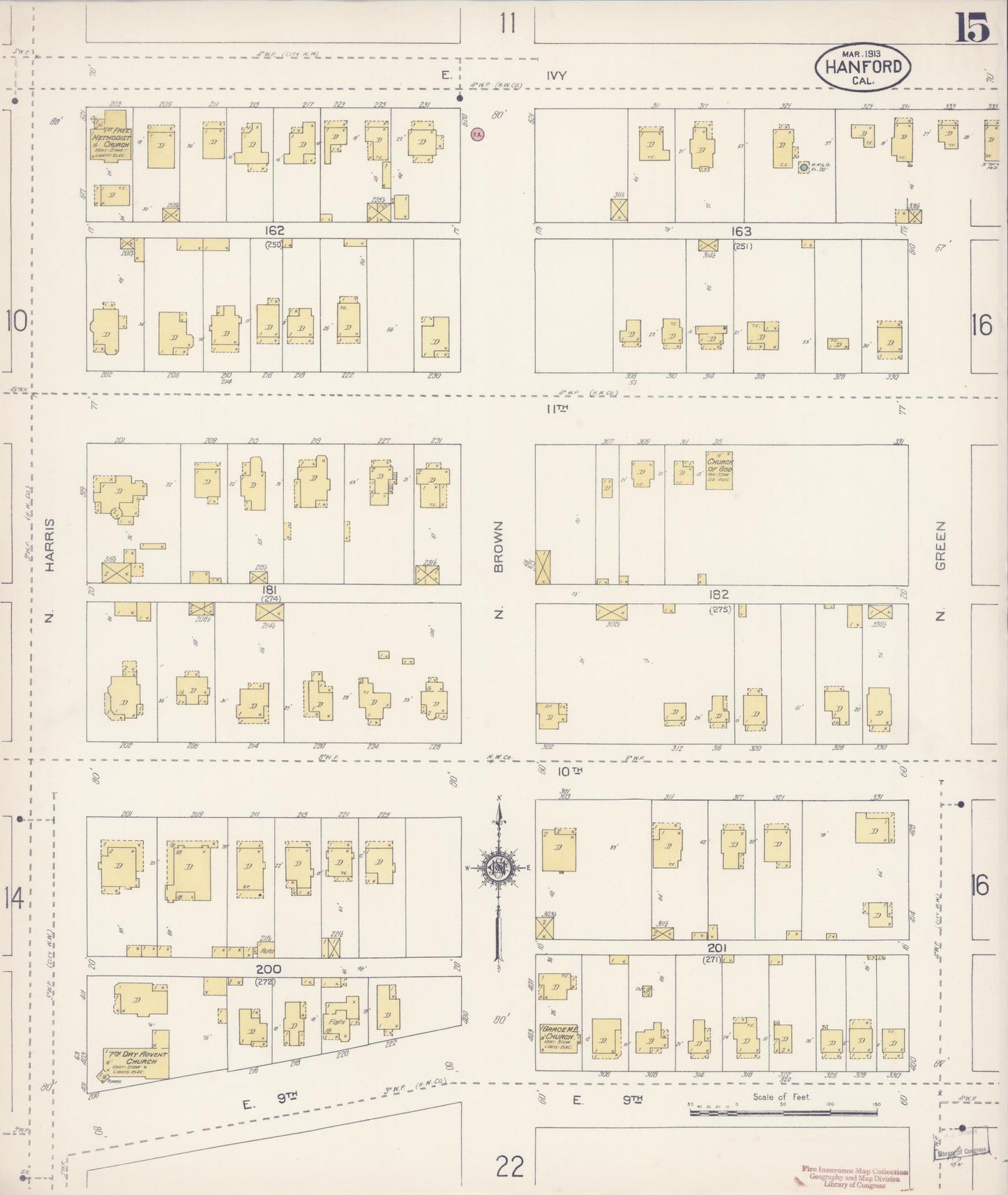 Sanborn Fire Insurance Map from Hanford, Kings County, California (1913), Sheet #0015 - Historic Sanborn Fire Insurance Map Print, vintage old map wall art, antique decor, genealogy gift, California California map