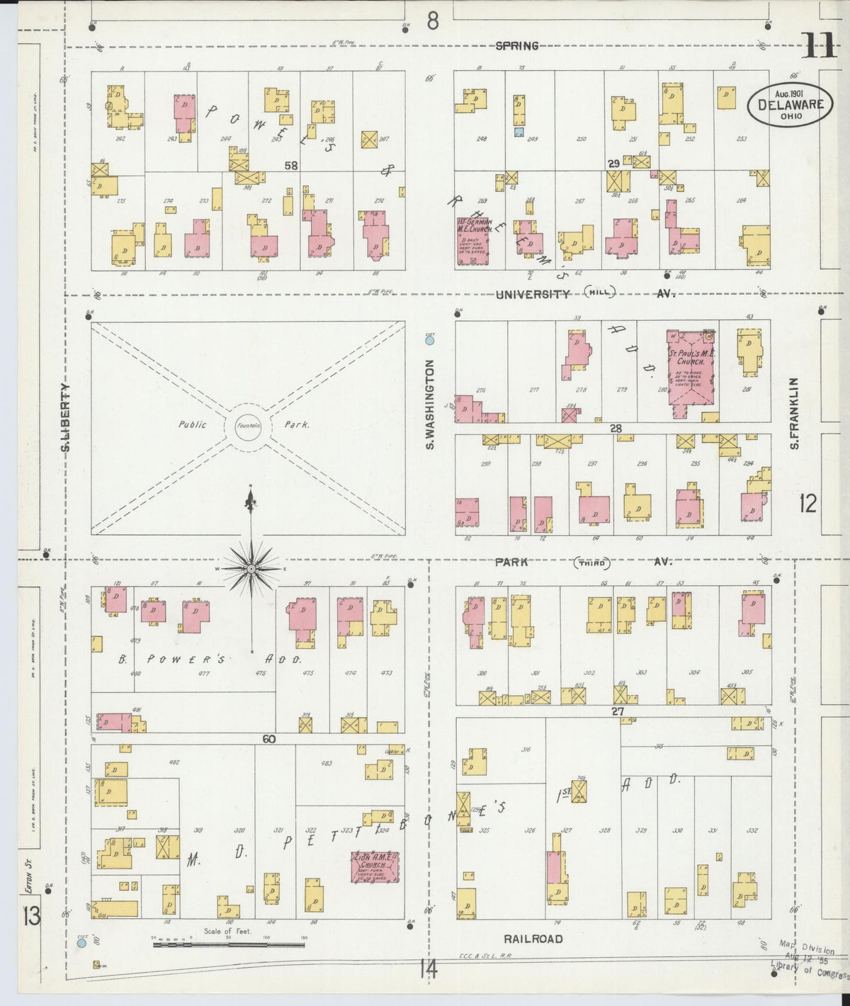 Sanborn Fire Insurance Map from Delaware, Delaware County, Ohio (1901), Sheet #0011 - Historic Sanborn Fire Insurance Map Print, vintage old map wall art, antique decor, genealogy gift, Sanborn Fire Insurance Map from Delaware Delaware map