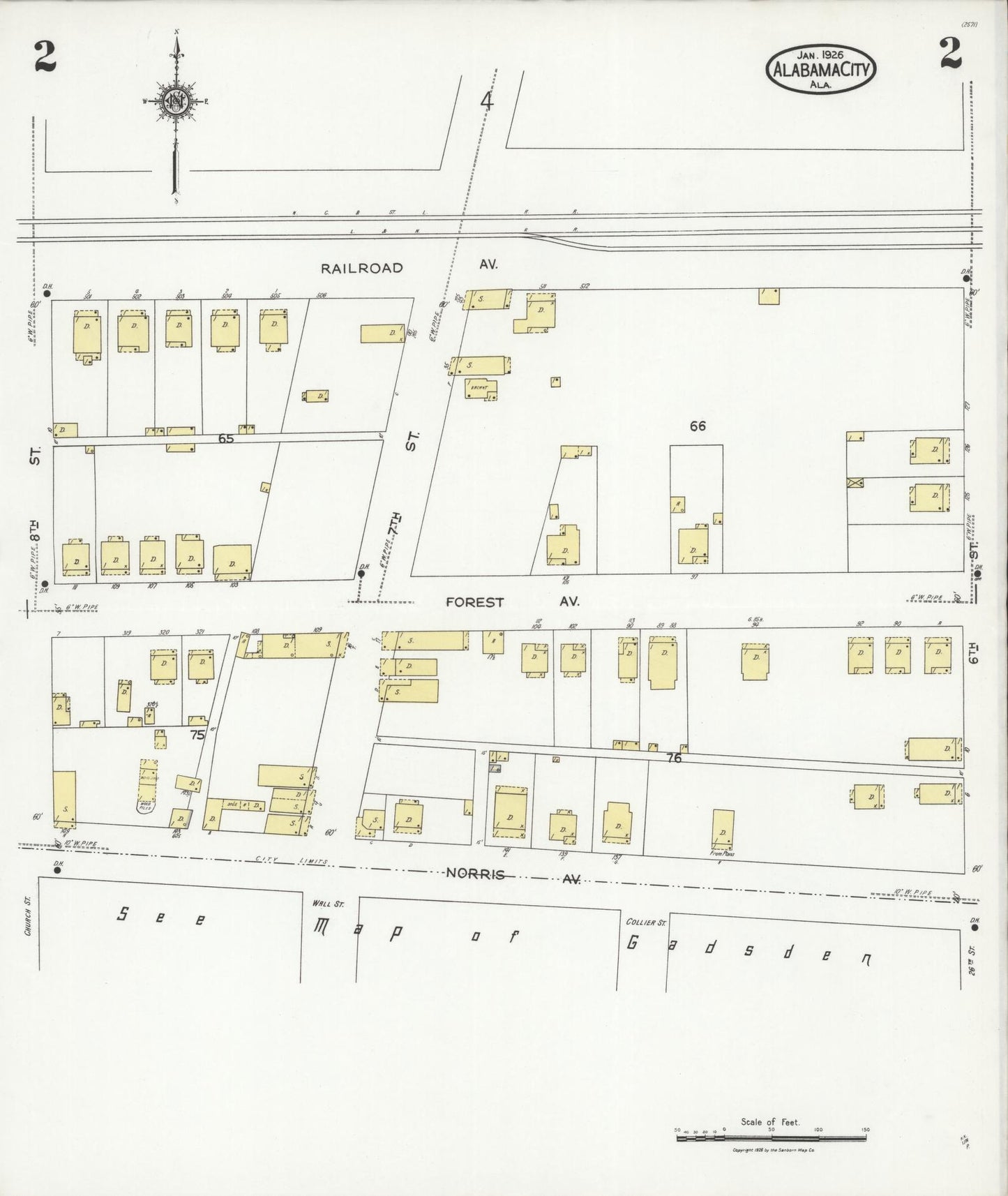 Sanborn Fire Insurance Map from Alabama City, Etowah County, Alabama (1926), Sheet #0002 - Historic Sanborn Fire Insurance Map Print, vintage old map wall art, antique decor, genealogy gift, Alabama Alabama map