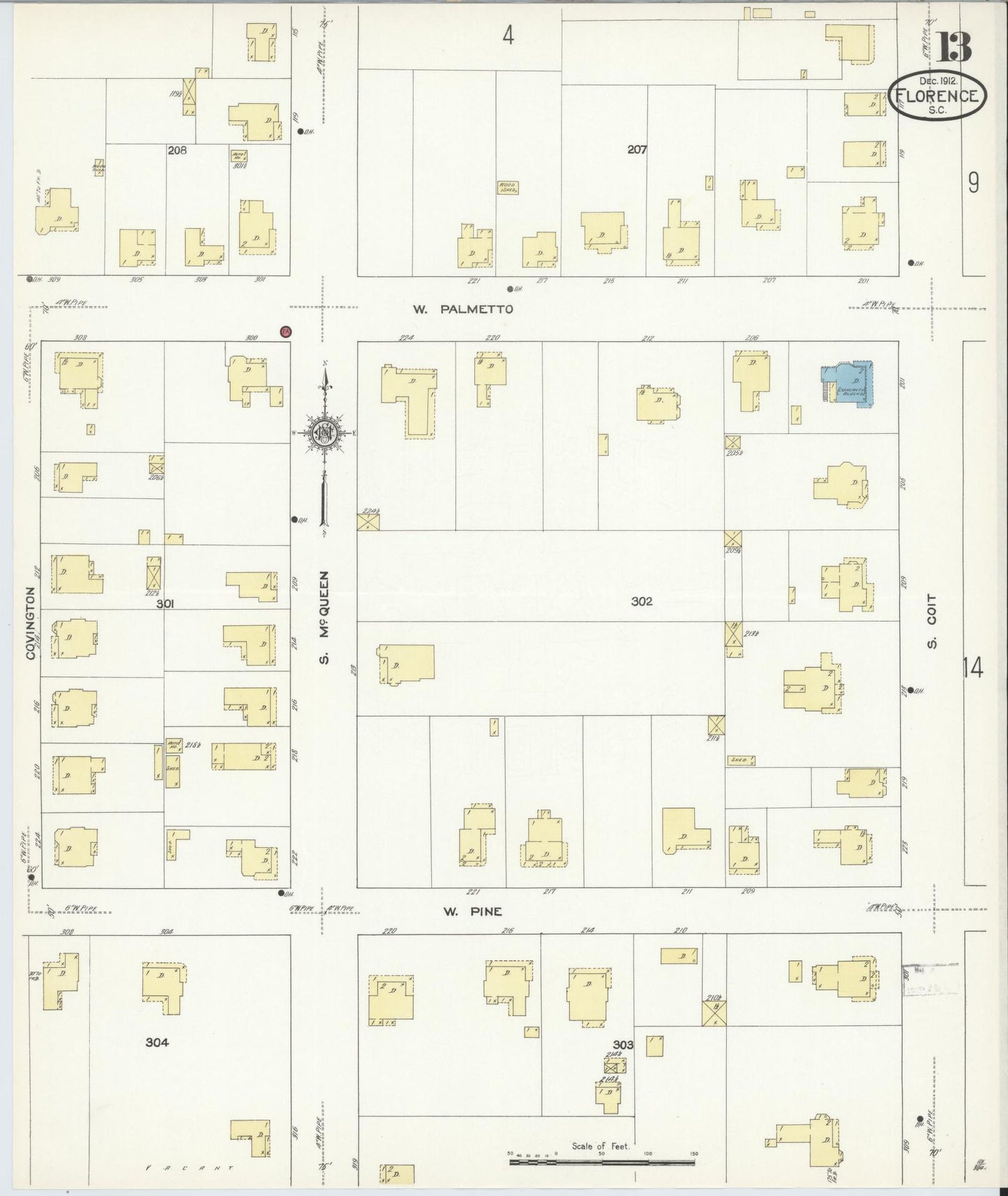 Sanborn Fire Insurance Map from Florence, Florence County, South Carolina (1912), Sheet #0013 - Historic Sanborn Fire Insurance Map Print, vintage old map wall art, antique decor, genealogy gift, South Carolina South Carolina map