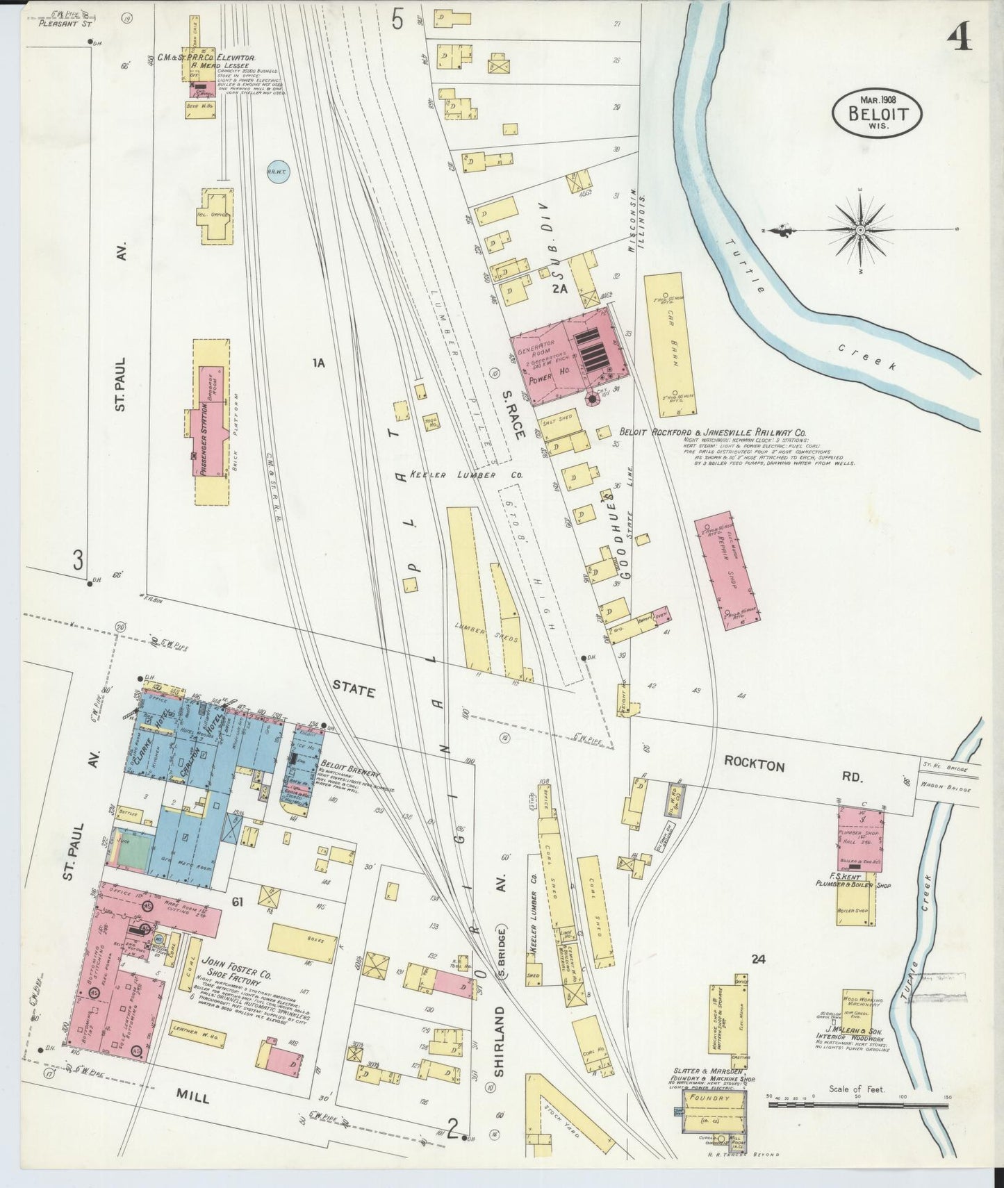 Sanborn Fire Insurance Map from Beloit, Rock County, Wisconsin (1908), Sheet #0004 - Historic Sanborn Fire Insurance Map Print, vintage old map wall art, antique decor, genealogy gift, Wisconsin Wisconsin map