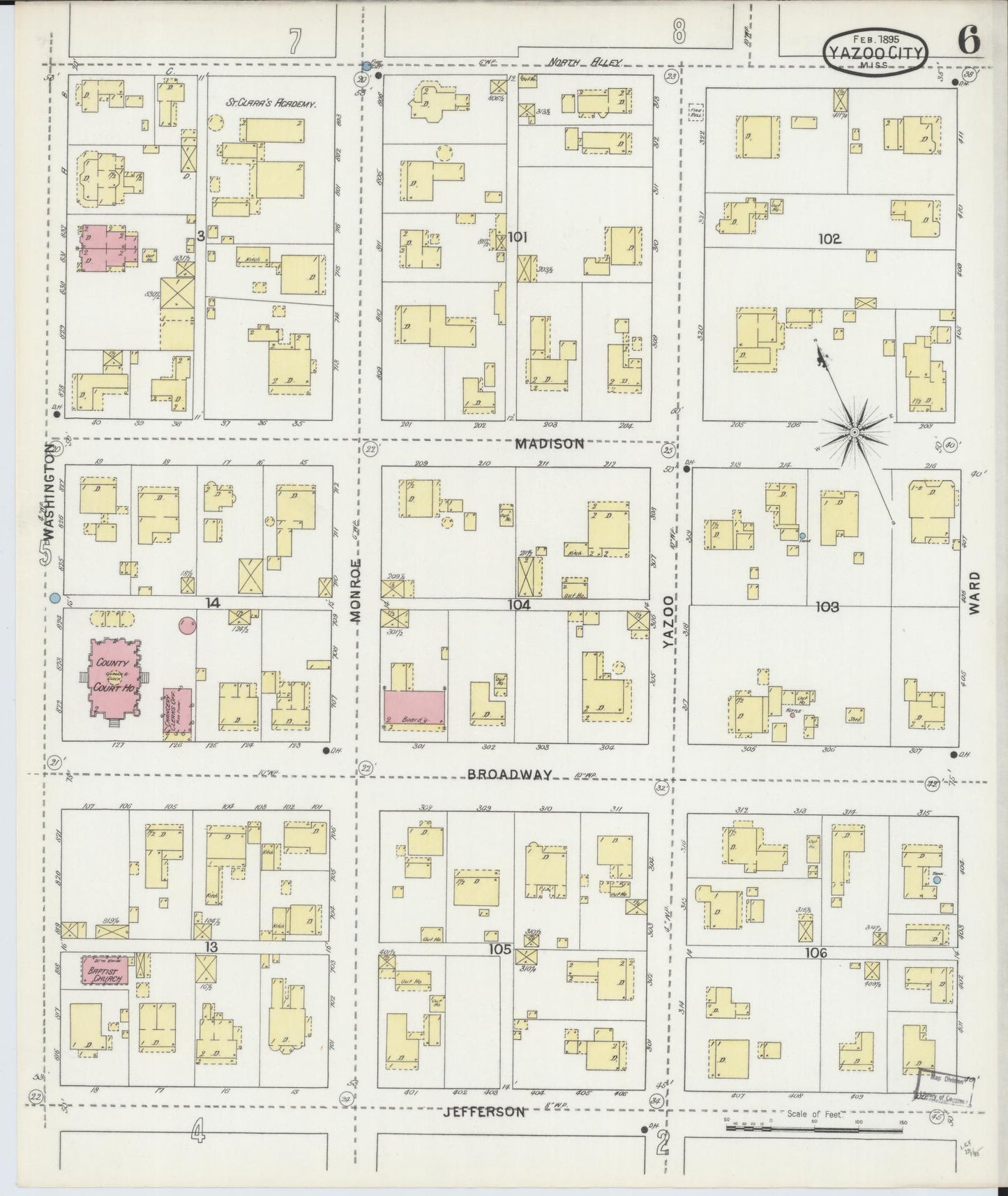 Sanborn Fire Insurance Map from Yazoo City, Yazoo County, Mississippi (1895), Sheet #0006 - Historic Sanborn Fire Insurance Map Print, vintage old map wall art, antique decor, genealogy gift, Mississippi Mississippi map