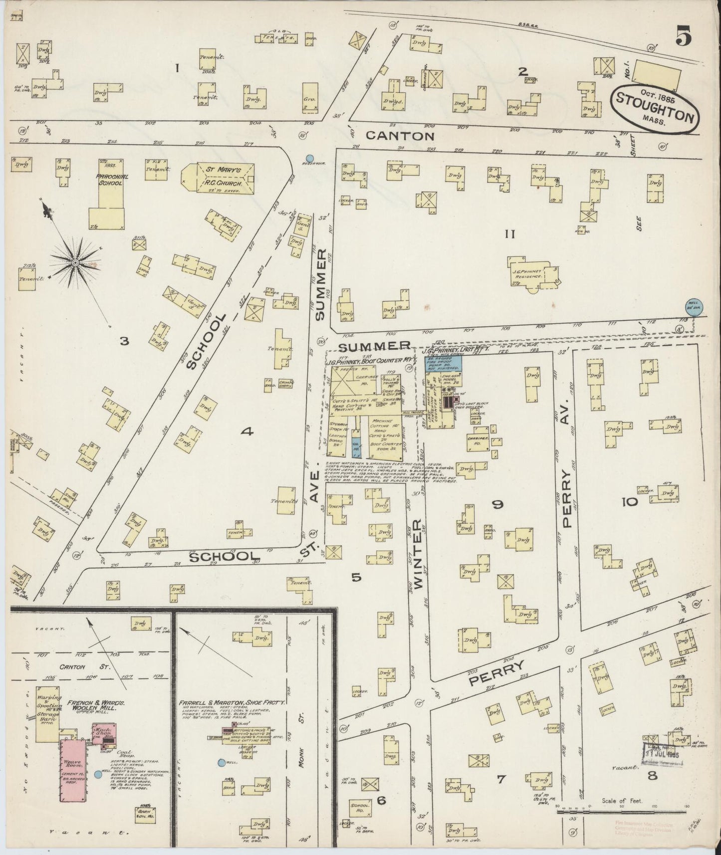 Sanborn Fire Insurance Map from Stoughton, Norfolk County, Massachusetts (1885), Sheet #0005 - Complete Map Set gallery image, historic Sanborn map, vintage wall art, Massachusetts Massachusetts
