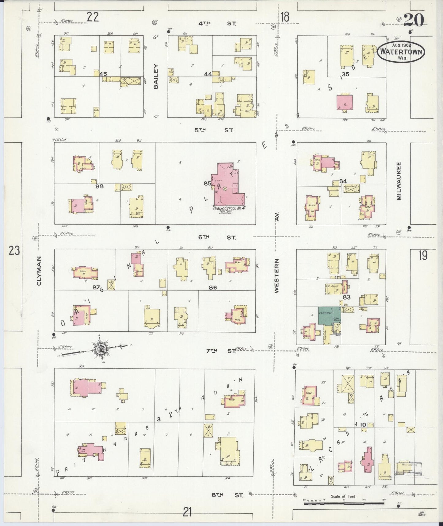 Sanborn Fire Insurance Map from Watertown, Jefferson County, Wisconsin (1909), Sheet #0020 - Historic Sanborn Fire Insurance Map Print, vintage old map wall art, antique decor, genealogy gift, Wisconsin Wisconsin map