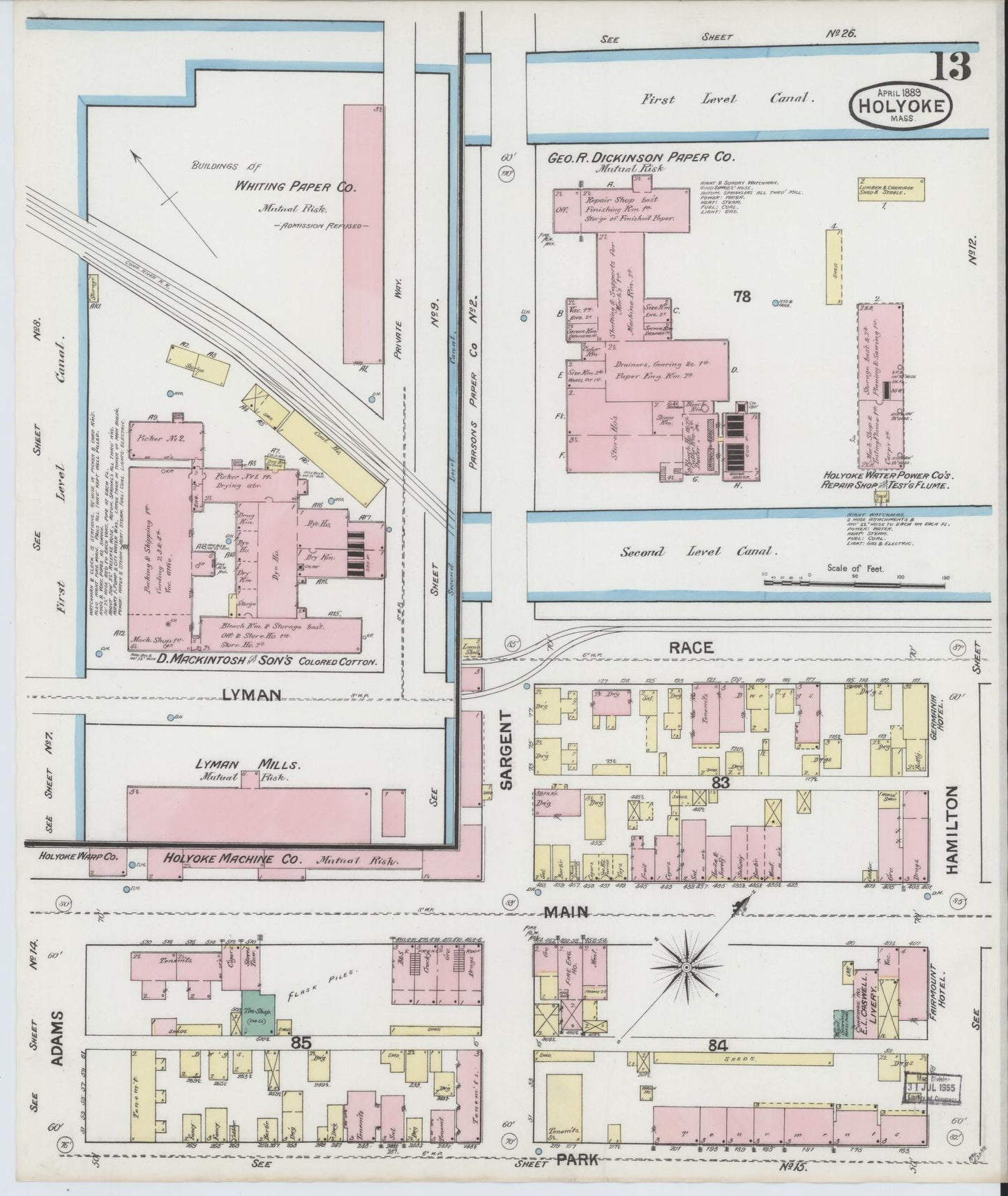 Sanborn Fire Insurance Map from Holyoke, Hampden County, Massachusetts (1889), Sheet #0013 - Historic Sanborn Fire Insurance Map Print, vintage old map wall art, antique decor, genealogy gift, Massachusetts Massachusetts map