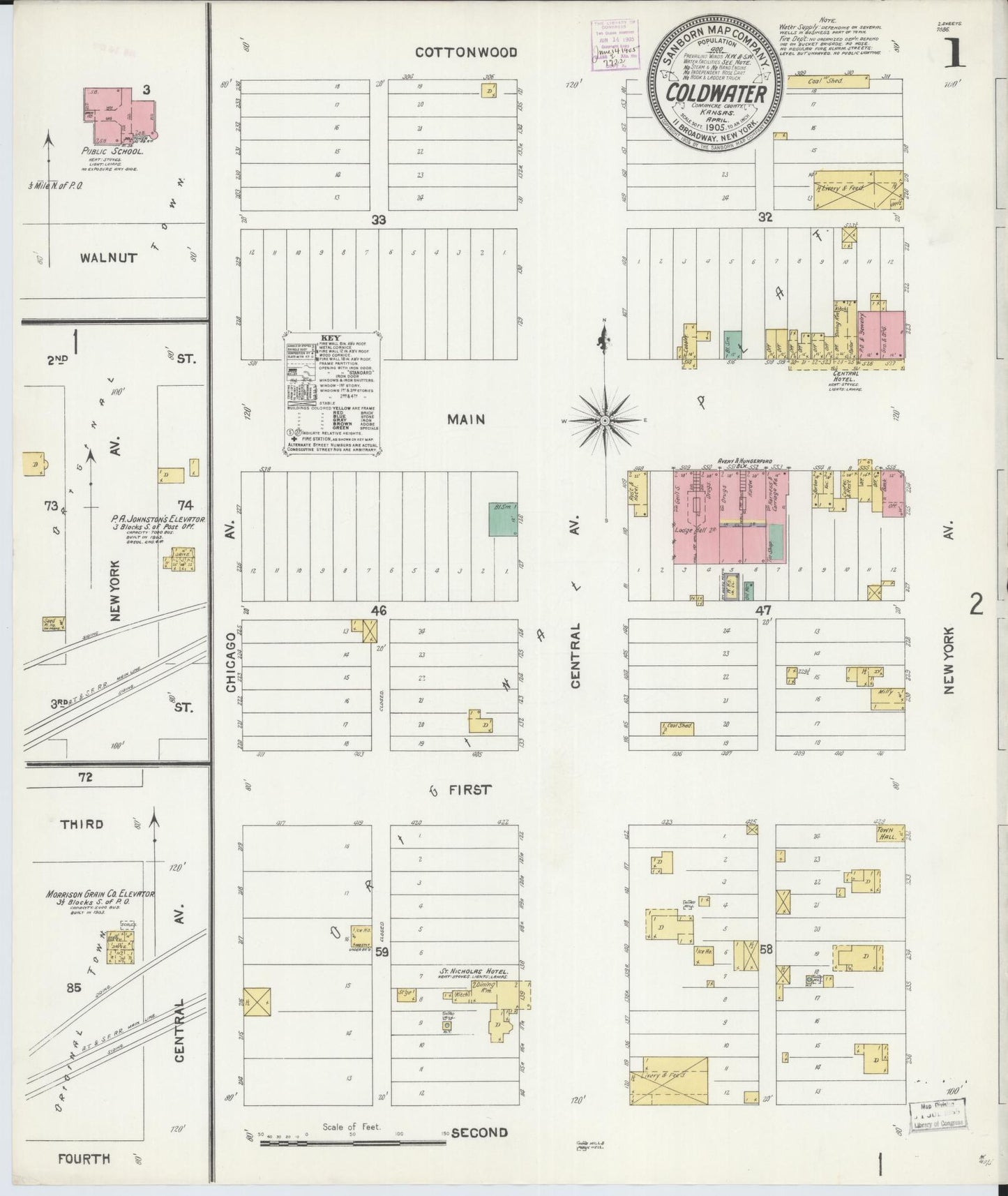 Sanborn Fire Insurance Map from Coldwater, Comanche County, Kansas (1905), Sheet #0001 - Historic Sanborn Fire Insurance Map Print, vintage old map wall art, antique decor, genealogy gift, Kansas Kansas map