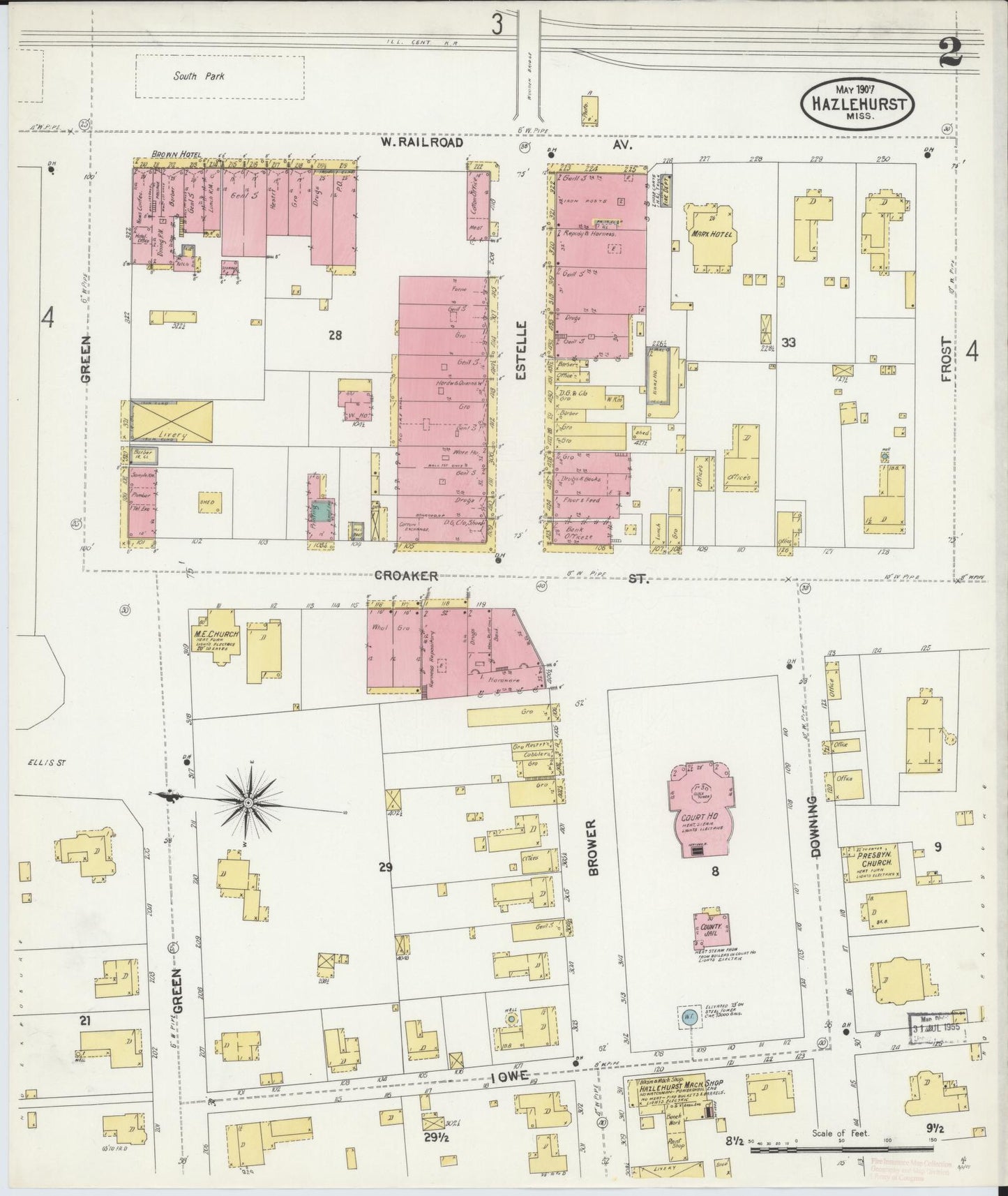 Sanborn Fire Insurance Map from Hazlehurst, Copiah County, Mississippi (1907), Sheet #0002 - Historic Sanborn Fire Insurance Map Print, vintage old map wall art, antique decor, genealogy gift, Mississippi Mississippi map