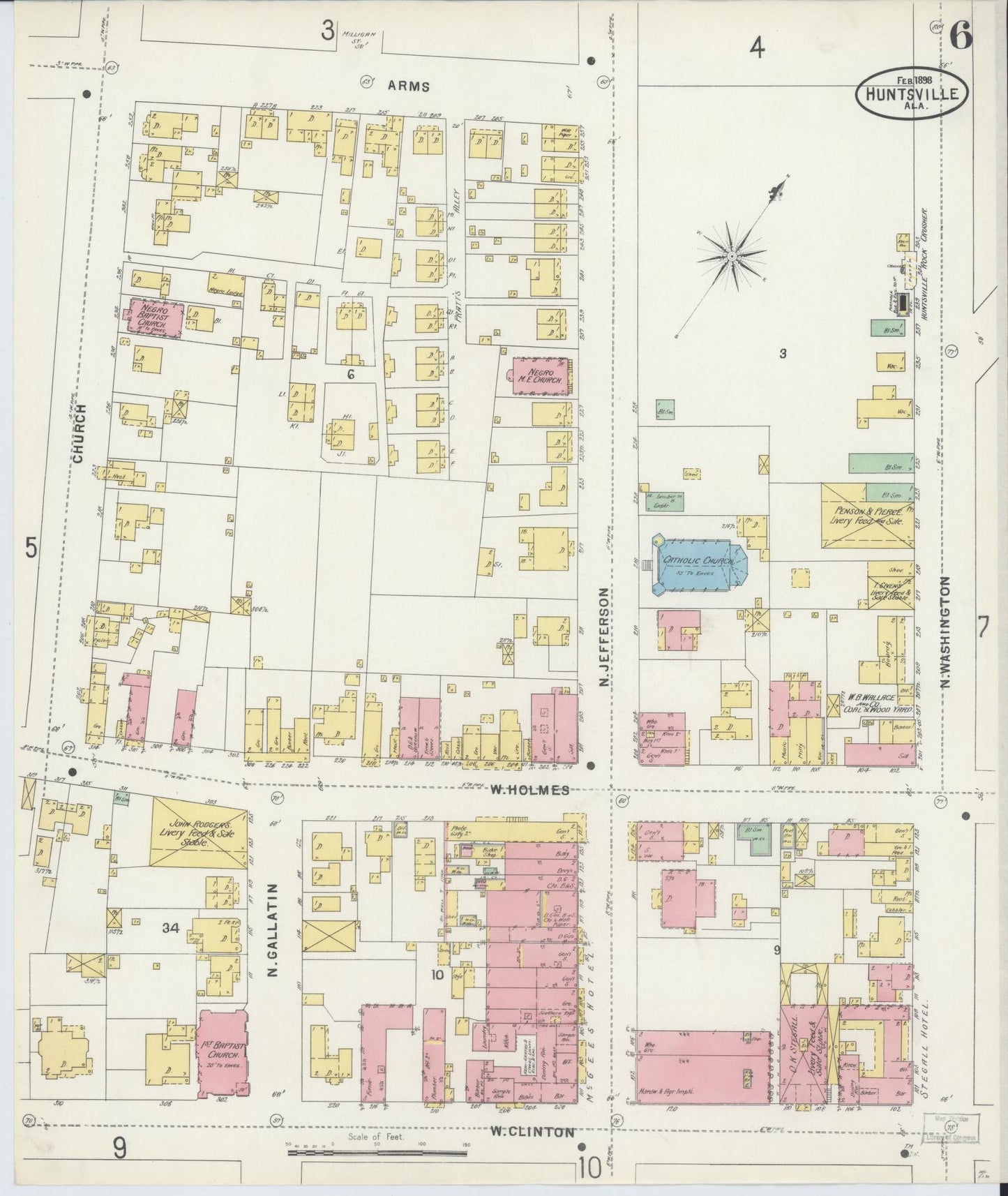 Sanborn Fire Insurance Map from Huntsville, Madison County, Alabama (1898), Sheet #0006 - Historic Sanborn Fire Insurance Map Print, vintage old map wall art, antique decor, genealogy gift, Alabama Alabama map