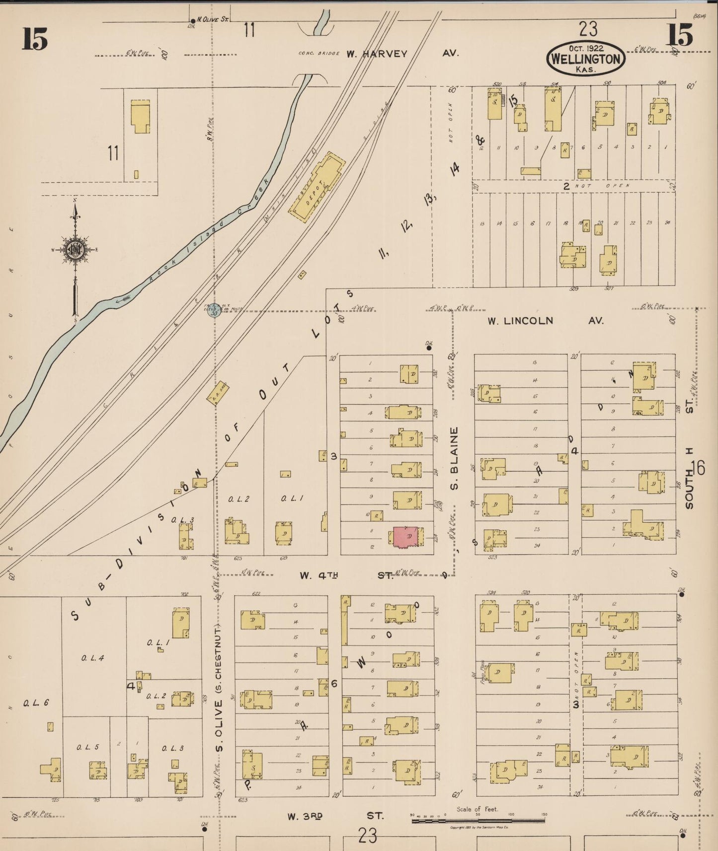 Sanborn Fire Insurance Map from Wellington, Sumner County, Kansas (1922), Sheet #0015 - Historic Sanborn Fire Insurance Map Print, vintage old map wall art, antique decor, genealogy gift, Kansas Kansas map