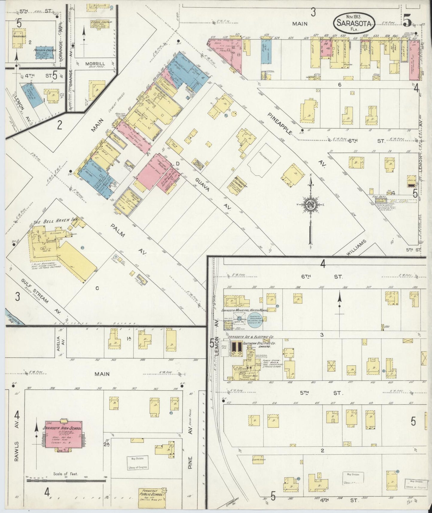 Sanborn Fire Insurance Map from Sarasota, Sarasota County, Florida (1913), Sheet #0005 - Historic Sanborn Fire Insurance Map Print, vintage old map wall art, antique decor, genealogy gift, Florida Florida map