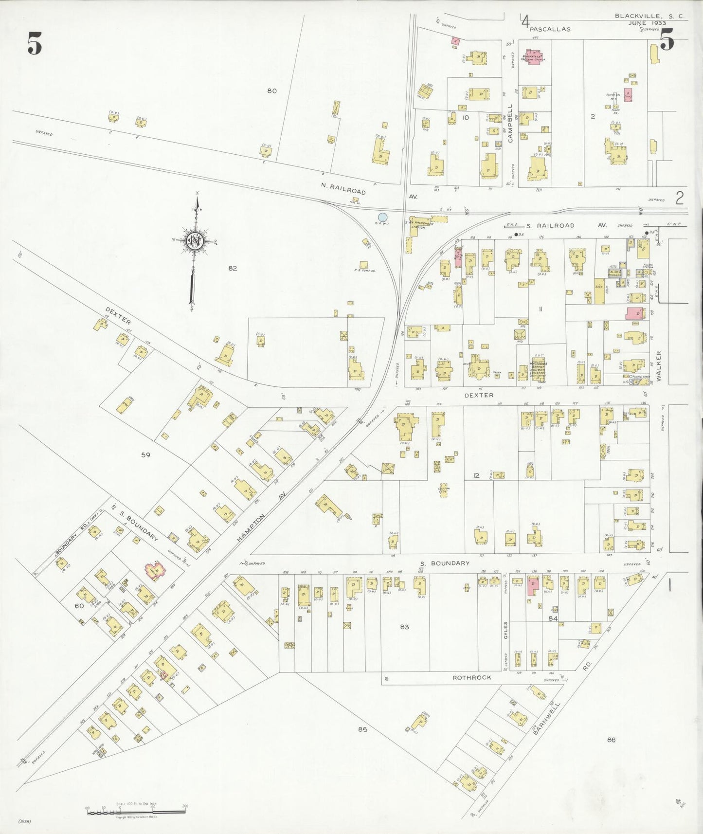 Sanborn Fire Insurance Map from Blackville, Barnwell County, South Carolina (1933), Sheet #0005 - Complete Map Set gallery image, historic Sanborn map, vintage wall art, South Carolina South Carolina