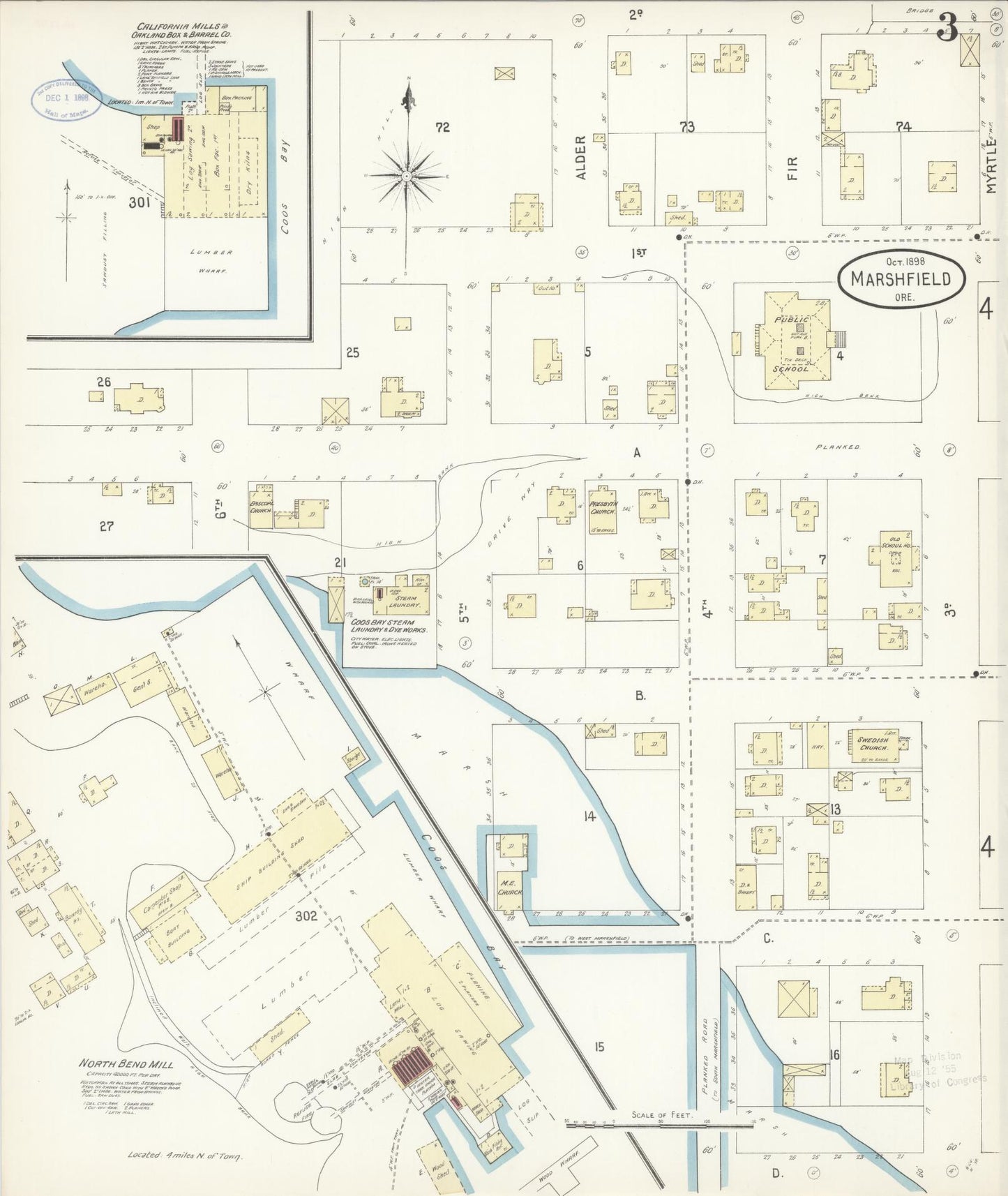 Sanborn Fire Insurance Map from Marshfield, Coos County, Oregon (1898), Sheet #0003 - Historic Sanborn Fire Insurance Map Print, vintage old map wall art, antique decor, genealogy gift, Oregon Oregon map