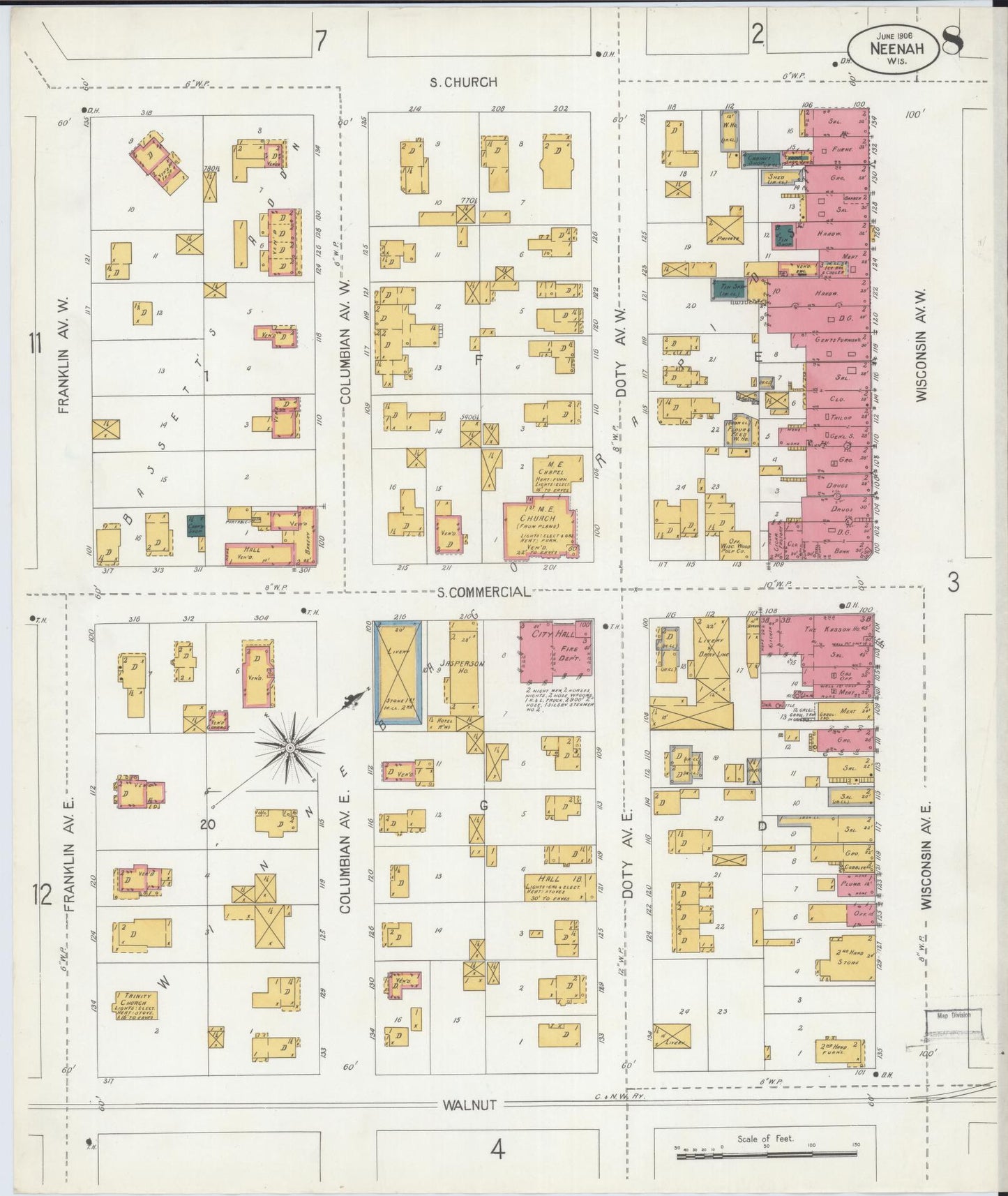 Sanborn Fire Insurance Map from Neenah, Winnebago County, Wisconsin (1906), Sheet #0008 - Historic Sanborn Fire Insurance Map Print, vintage old map wall art, antique decor, genealogy gift, Wisconsin Wisconsin map