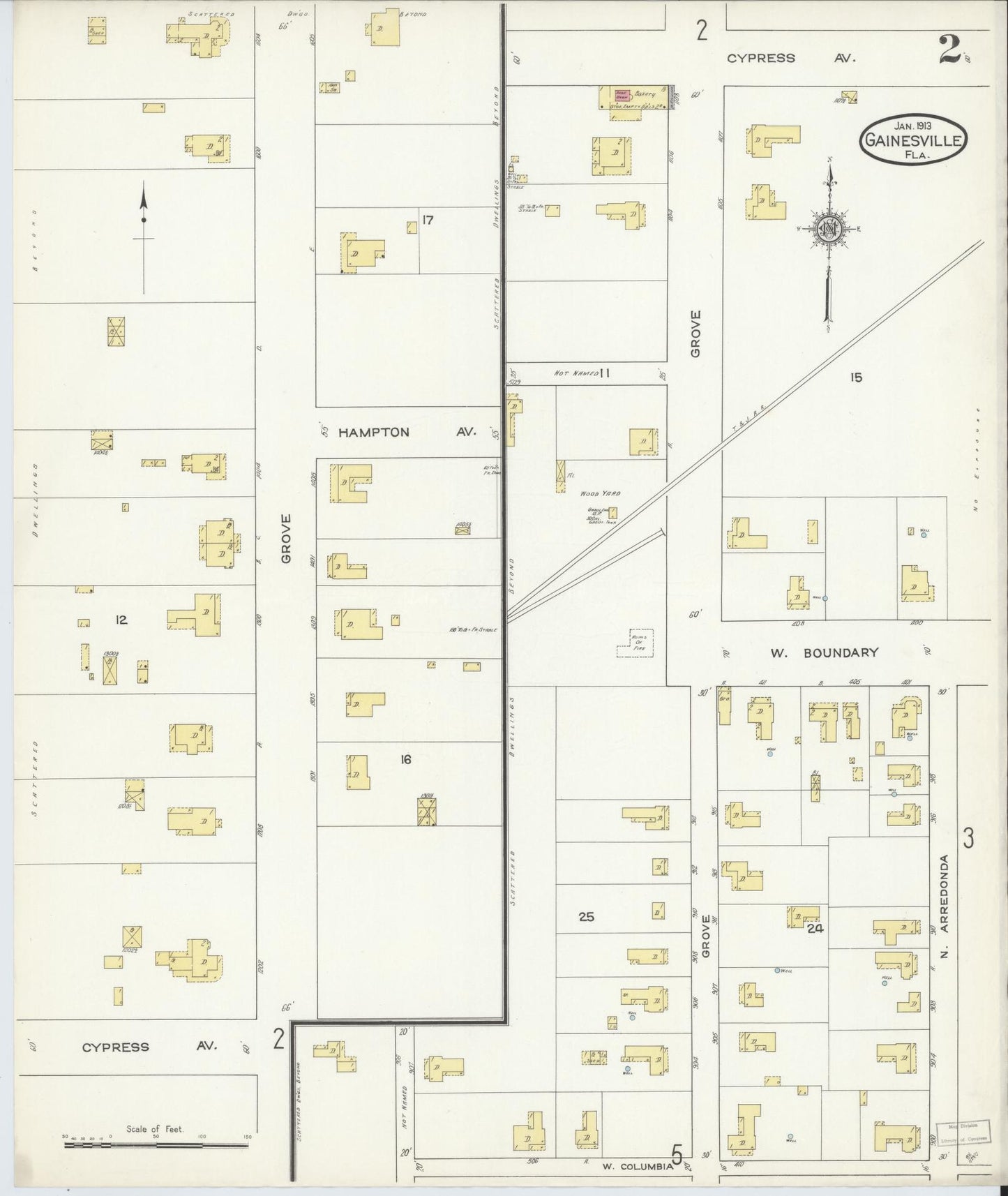 Sanborn Fire Insurance Map from Gainesville, Alachua County, Florida (1913), Sheet #0002 - Historic Sanborn Fire Insurance Map Print, vintage old map wall art, antique decor, genealogy gift, Florida Florida map