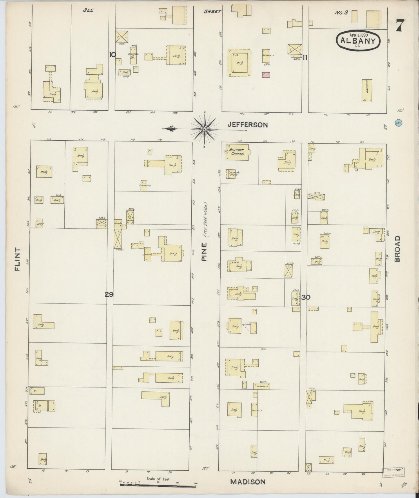Sanborn Fire Insurance Map from Albany, Dougherty County, Georgia (1890), Sheet #0007 - Historic Sanborn Fire Insurance Map Print, vintage old map wall art, antique decor, genealogy gift, Georgia Georgia map