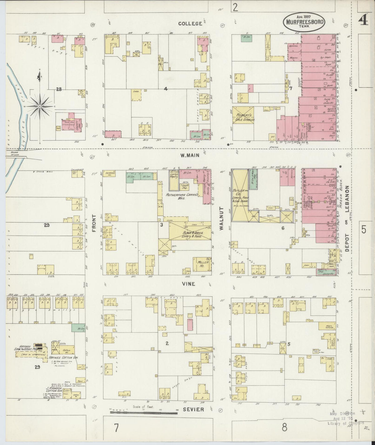 Sanborn Fire Insurance Map from Murfreesboro, Rutherford County, Tennessee (1897), Sheet #0004 - Historic Sanborn Fire Insurance Map Print, vintage old map wall art, antique decor, genealogy gift, Tennessee Tennessee map