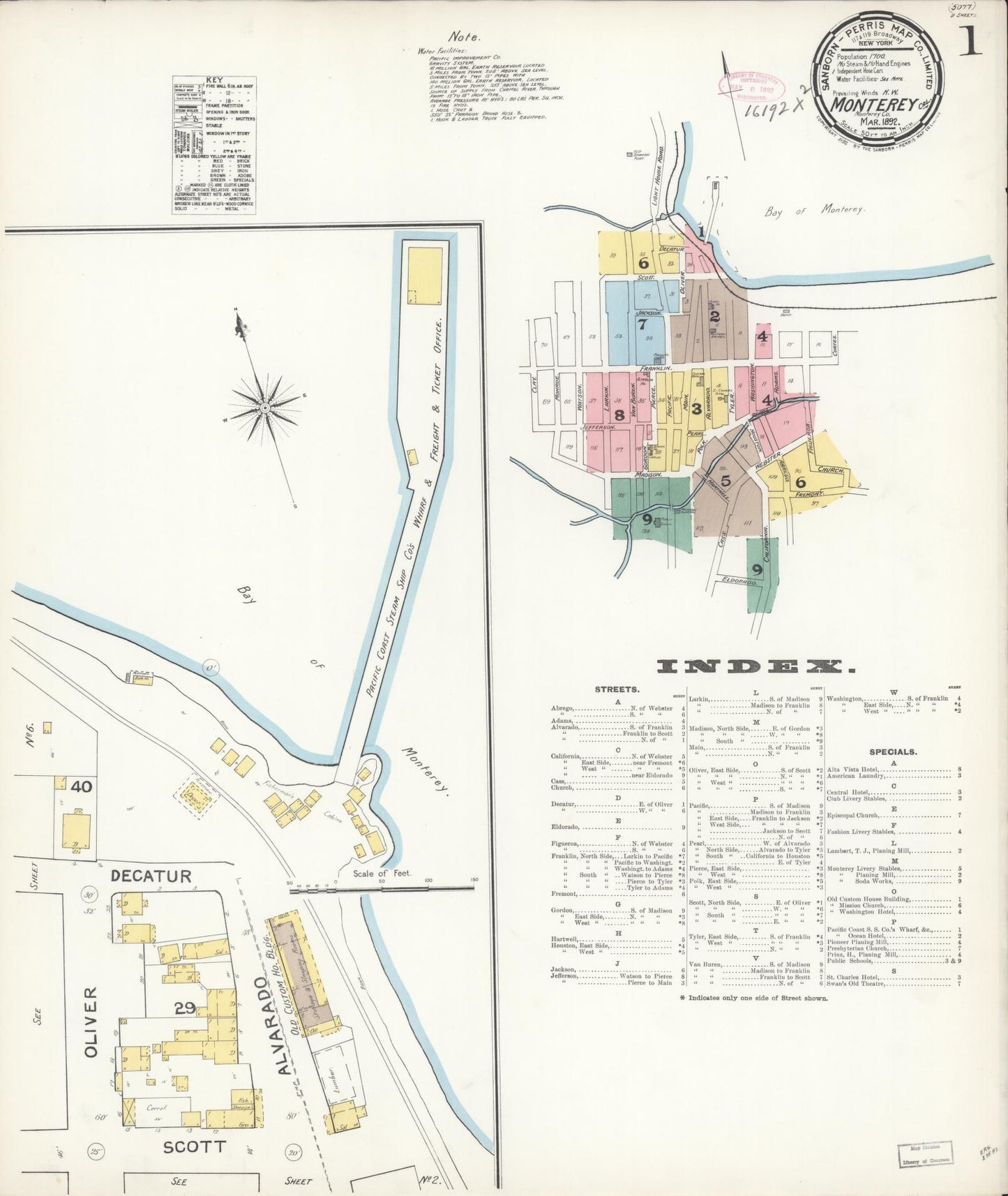 Sanborn Fire Insurance Map from Monterey, Monterey County, California (1892), Sheet #0001 - Historic Sanborn Fire Insurance Map Print, vintage old map wall art, antique decor, genealogy gift, California California map