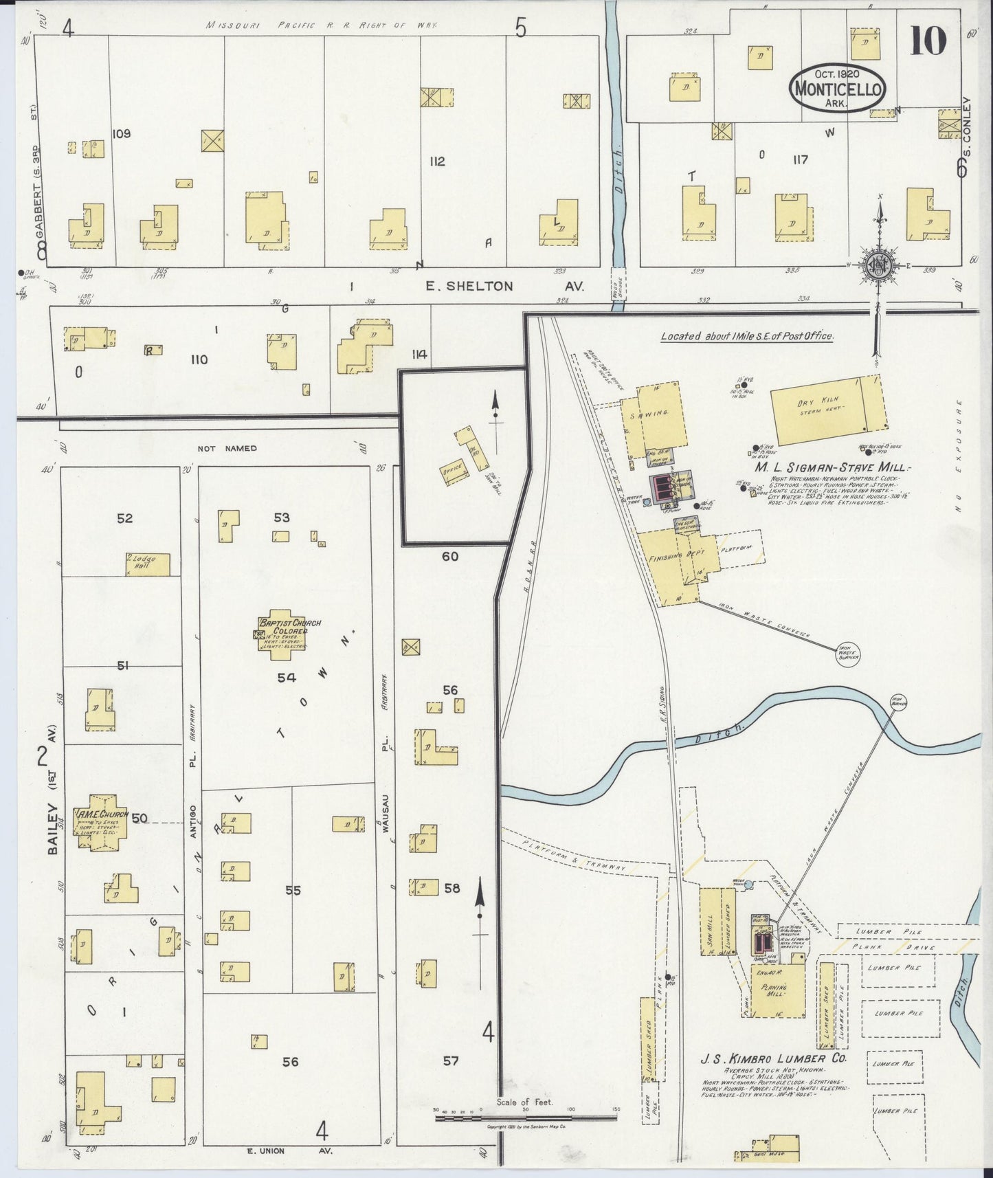 Sanborn Fire Insurance Map from Monticello, Drew County, Arkansas (1920), Sheet #0010 - Historic Sanborn Fire Insurance Map Print, vintage old map wall art, antique decor, genealogy gift, Arkansas Arkansas map