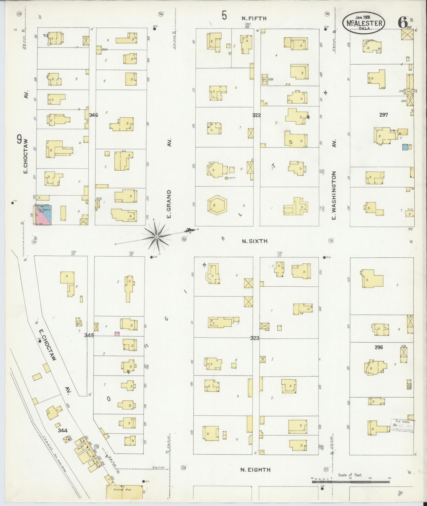 Sanborn Fire Insurance Map from McAlester, Pittsburg County, Oklahoma (1908), Sheet #0006 - Historic Sanborn Fire Insurance Map Print, vintage old map wall art, antique decor, genealogy gift, Oklahoma Oklahoma map