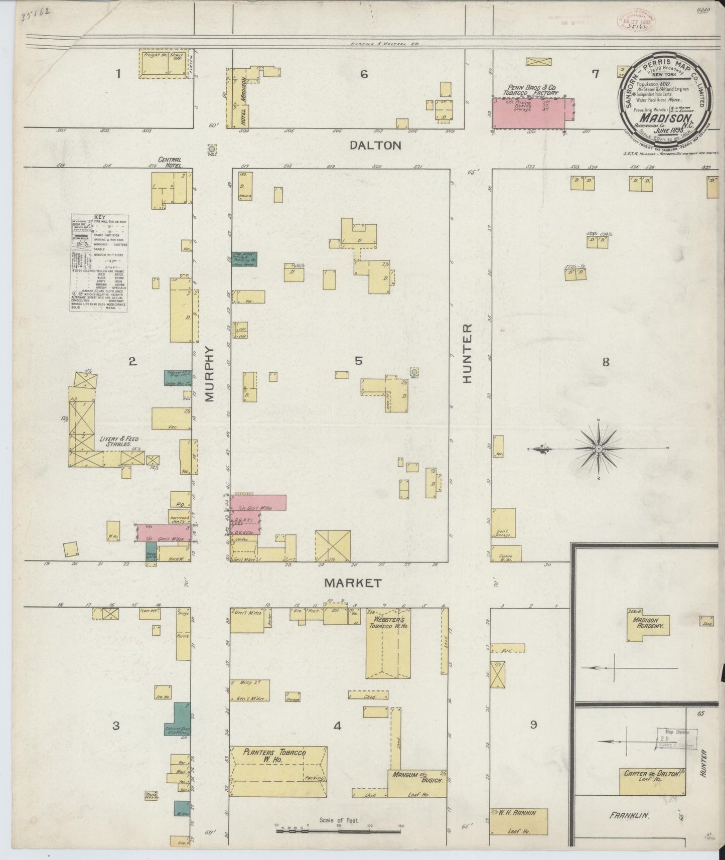 Sanborn Fire Insurance Map from Madison, Rockingham County, North Carolina (1893), Sheet #0001 - Historic Sanborn Fire Insurance Map Print, vintage old map wall art, antique decor, genealogy gift, North Carolina North Carolina map