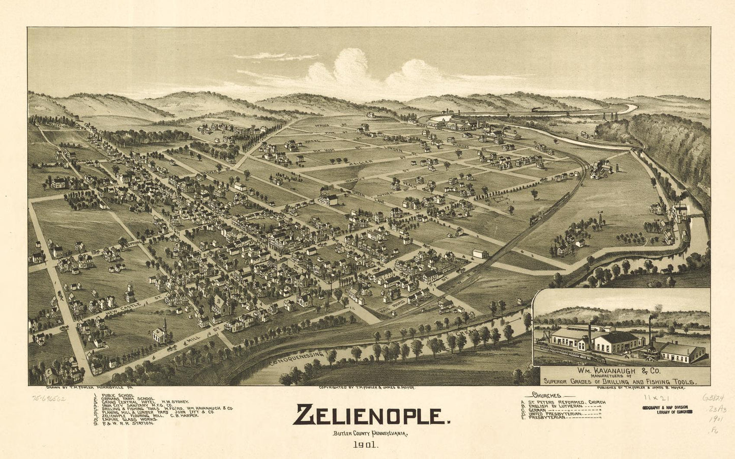Zelienople, Butler County, Pennsylvania 1901. (1901) – Historic Bird’s-Eye View Panorama Print