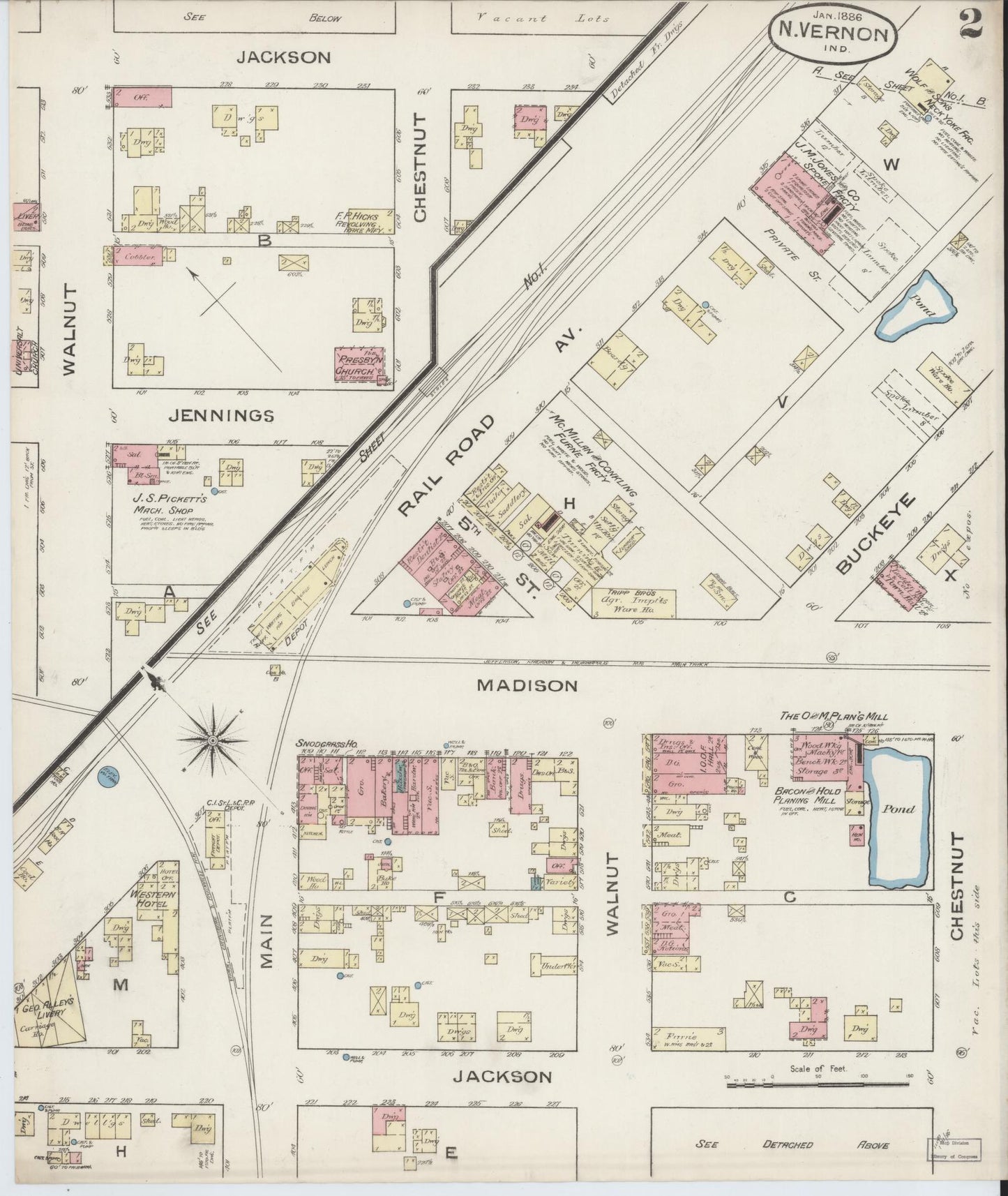 Sanborn Fire Insurance Map from North Vernon, Jennings County, Indiana (1886), Sheet #0002 - Complete Map Set gallery image, historic Sanborn map, vintage wall art, Indiana Indiana