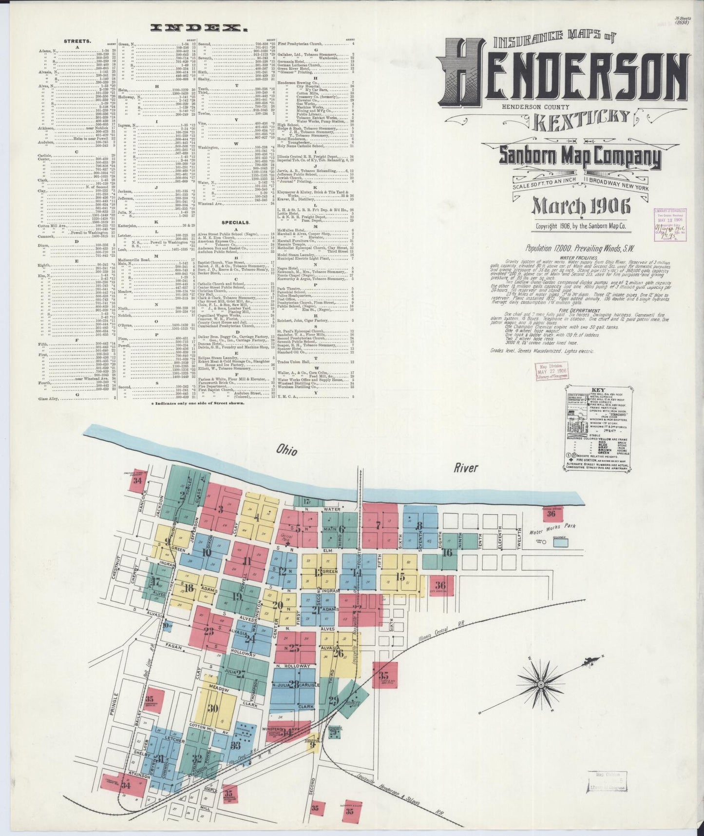 Sanborn Fire Insurance Map from Henderson, Henderson County, Kentucky (1906), Sheet #0001 - Historic Sanborn Fire Insurance Map Print, vintage old map wall art, antique decor, genealogy gift, Kentucky Kentucky map