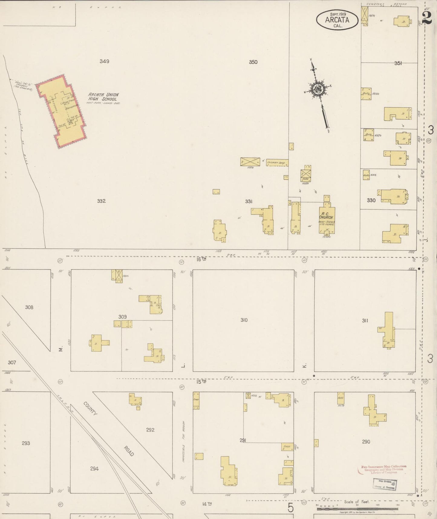 Sanborn Fire Insurance Map from Arcata, Humboldt County, California (1919), Sheet #0002 - Historic Sanborn Fire Insurance Map Print, vintage old map wall art, antique decor, genealogy gift, California California map