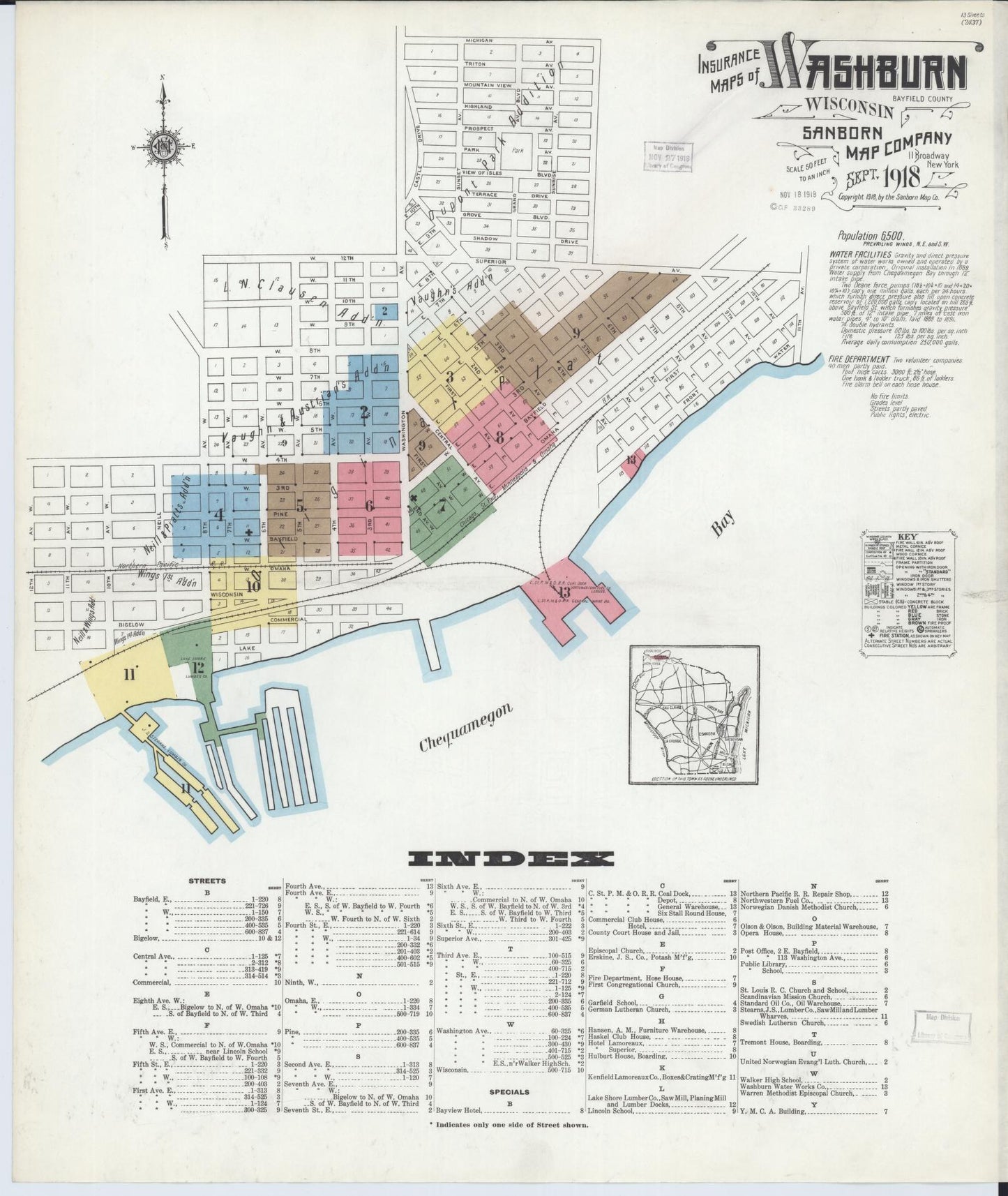 Sanborn Fire Insurance Map from Washburn, Bayfield County, Wisconsin (1918), Sheet #0001 - Historic Sanborn Fire Insurance Map Print, vintage old map wall art, antique decor, genealogy gift, Wisconsin Wisconsin map