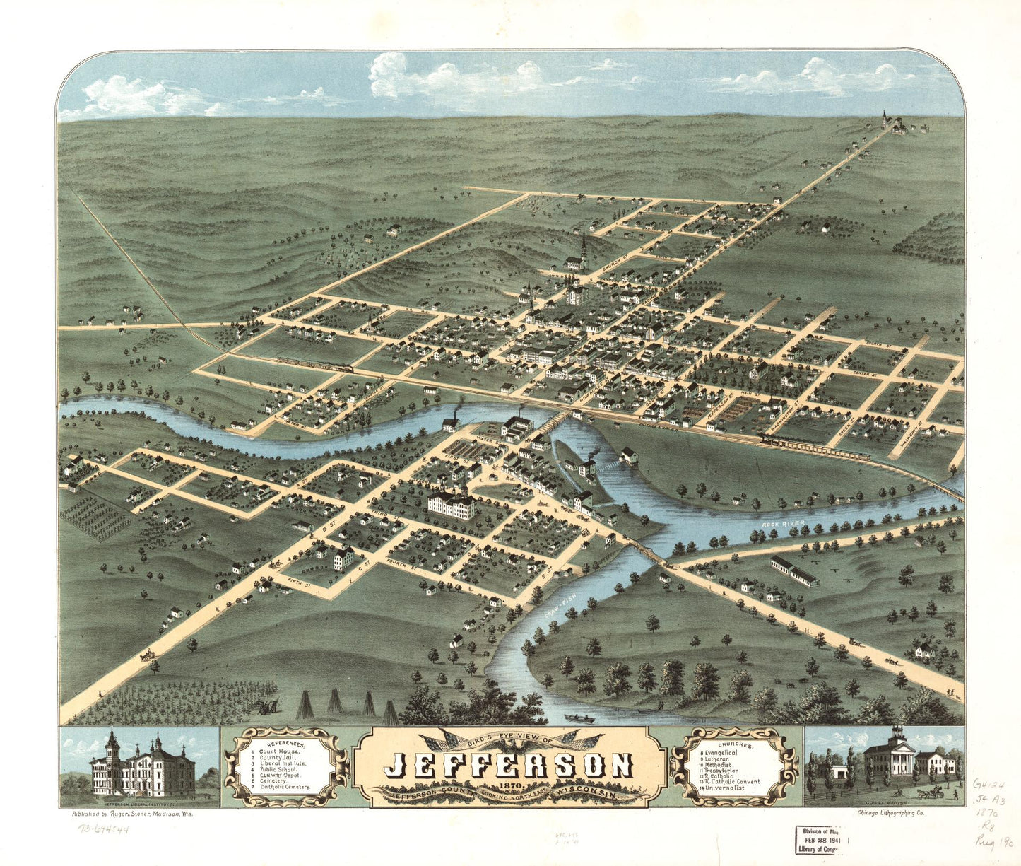 Bird's eye view of Jefferson, Jefferson County, Wisconsin 1870. (1870) – Historic Bird’s-Eye View Panorama Print