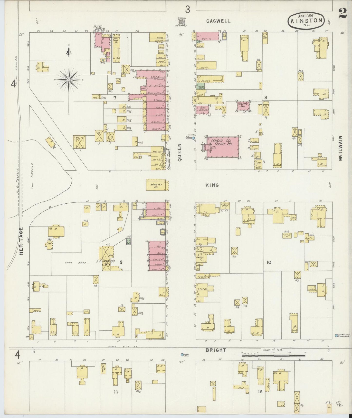 Sanborn Fire Insurance Map from Kinston, Lenoir County, North Carolina (1896), Sheet #0002 - Historic Sanborn Fire Insurance Map Print, vintage old map wall art, antique decor, genealogy gift, North Carolina North Carolina map