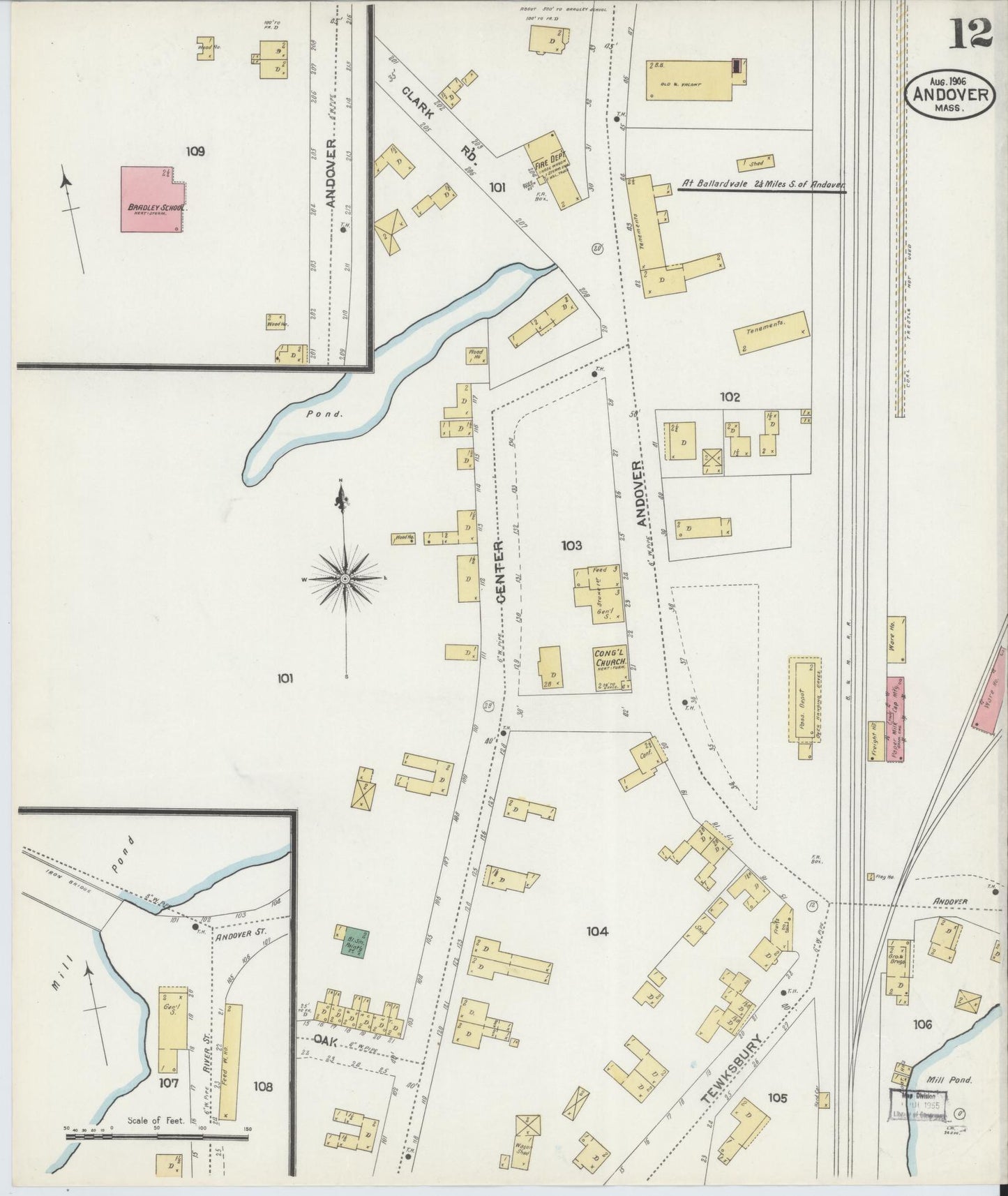 Sanborn Fire Insurance Map from Andover, Essex County, Massachusetts (1906), Sheet #0012 - Complete Map Set gallery image, historic Sanborn map, vintage wall art, Massachusetts Massachusetts