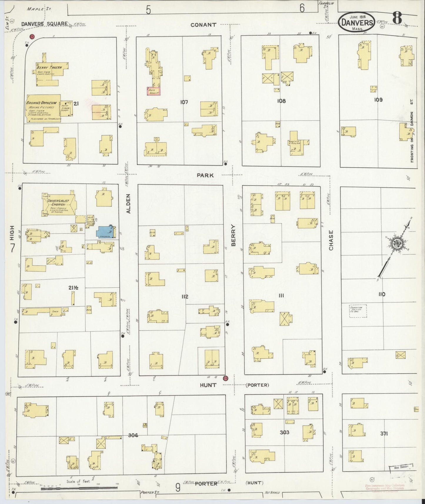 Sanborn Fire Insurance Map from Danvers, Essex County, Massachusetts (1916), Sheet #0008 - Historic Sanborn Fire Insurance Map Print, vintage old map wall art, antique decor, genealogy gift, Massachusetts Massachusetts map