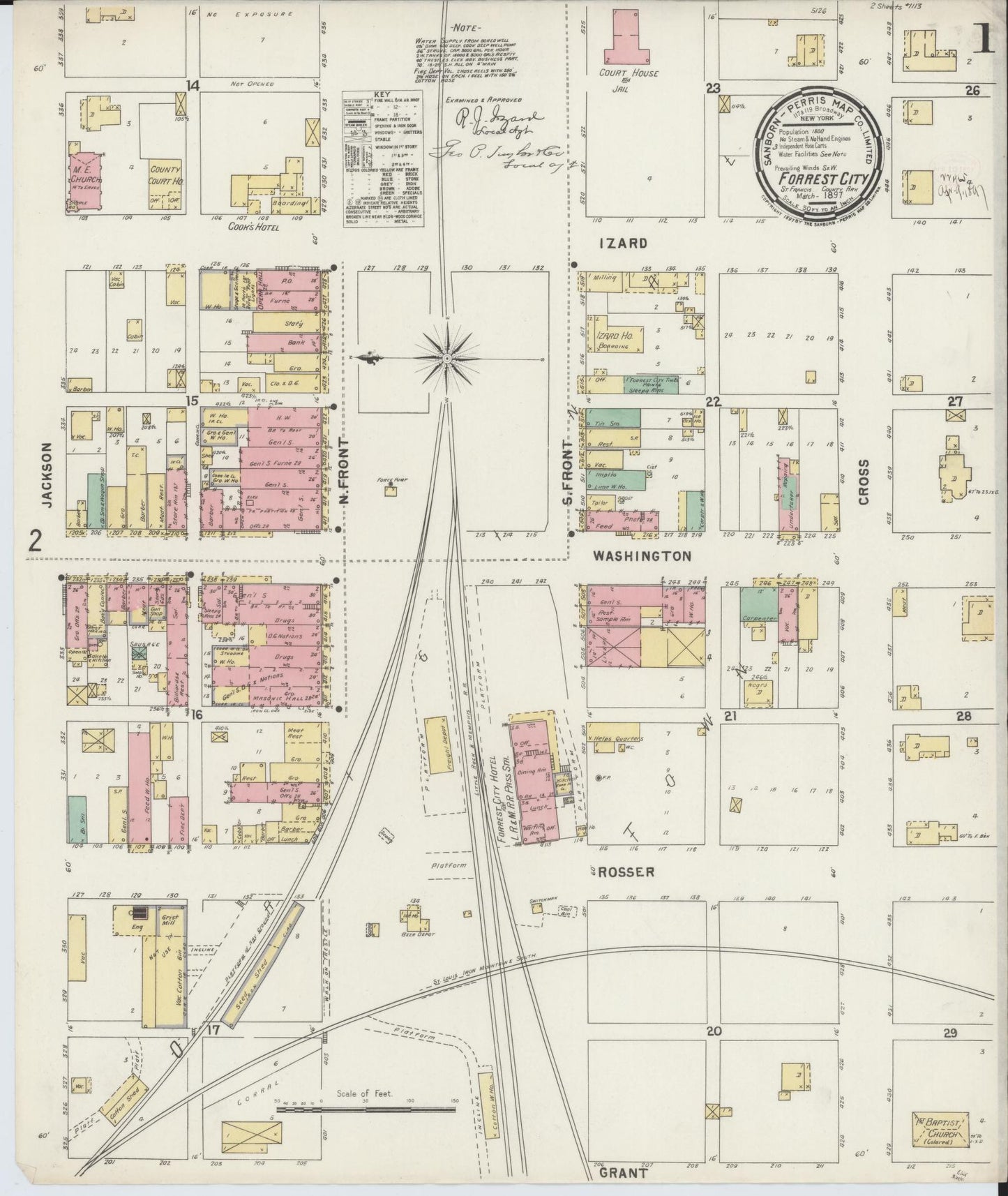 Sanborn Fire Insurance Map from Forrest City, Saint Francis County, Arkansas (1897), Sheet #0001 - Historic Sanborn Fire Insurance Map Print, vintage old map wall art, antique decor, genealogy gift, Arkansas Arkansas map