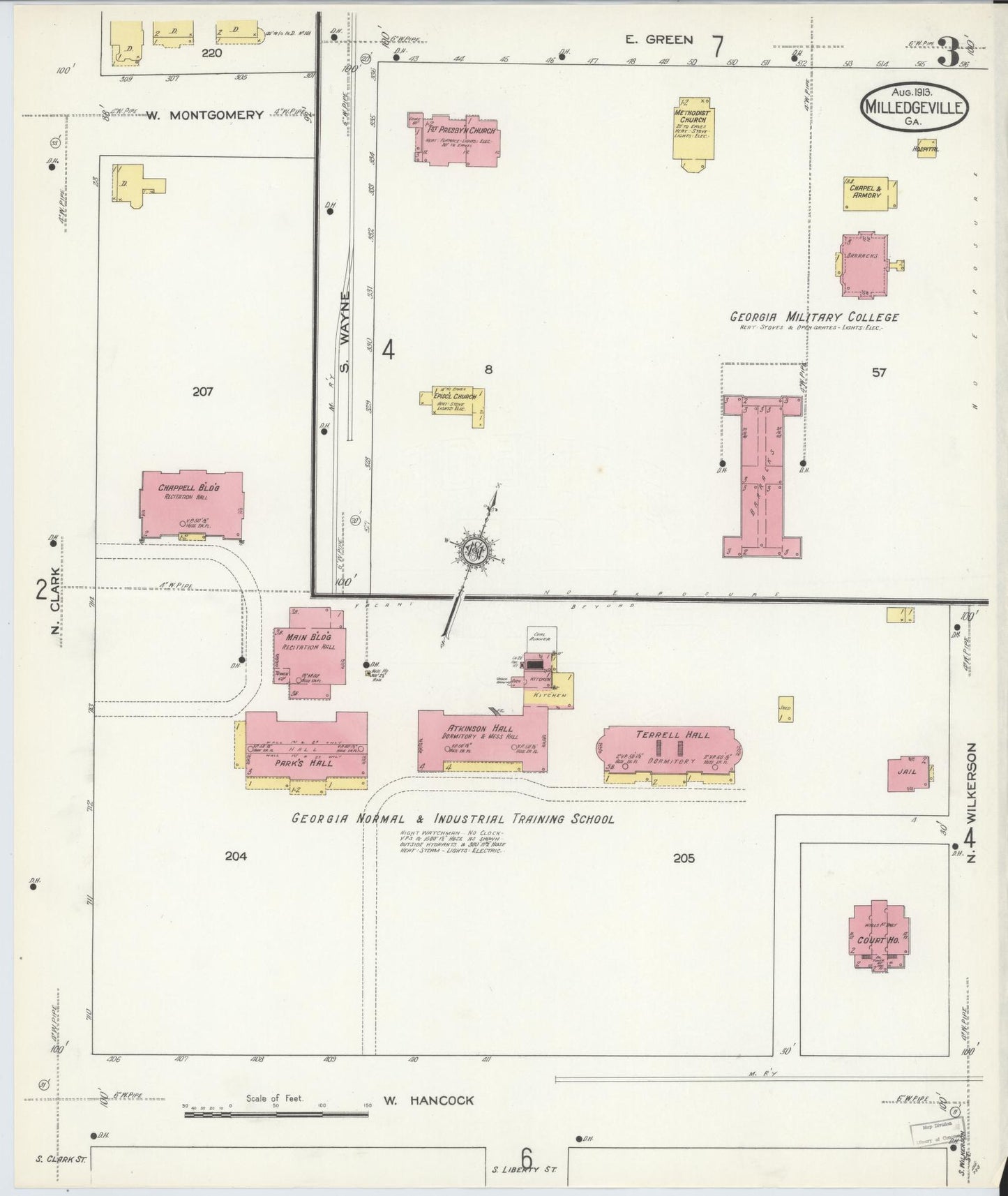 Sanborn Fire Insurance Map from Milledgeville, Baldwin County, Georgia (1913), Sheet #0003 - Historic Sanborn Fire Insurance Map Print, vintage old map wall art, antique decor, genealogy gift, Georgia Georgia map